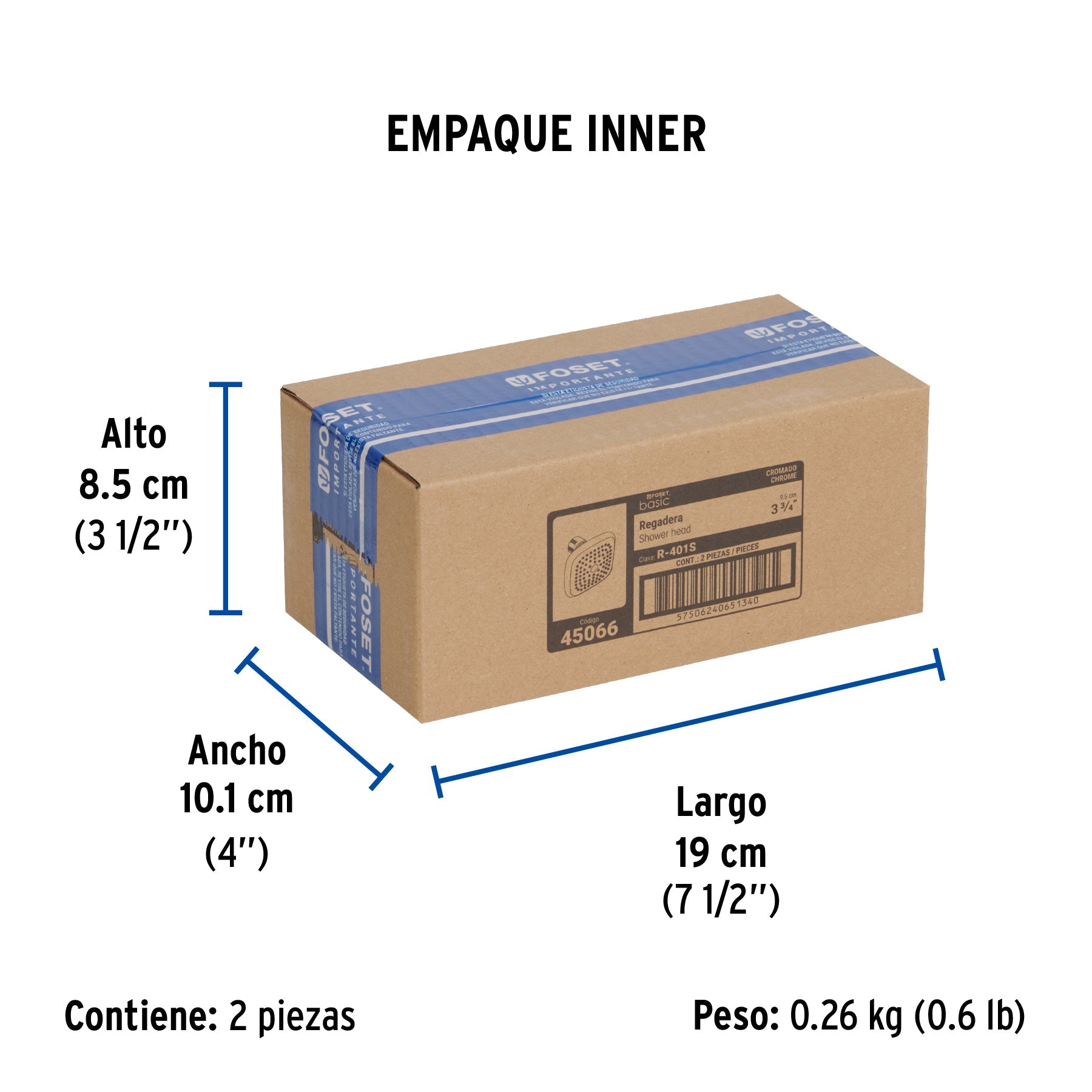 Regadera cuadrada de ABS 3-3/4" sin brazo, FOSET BASIC - Empaque