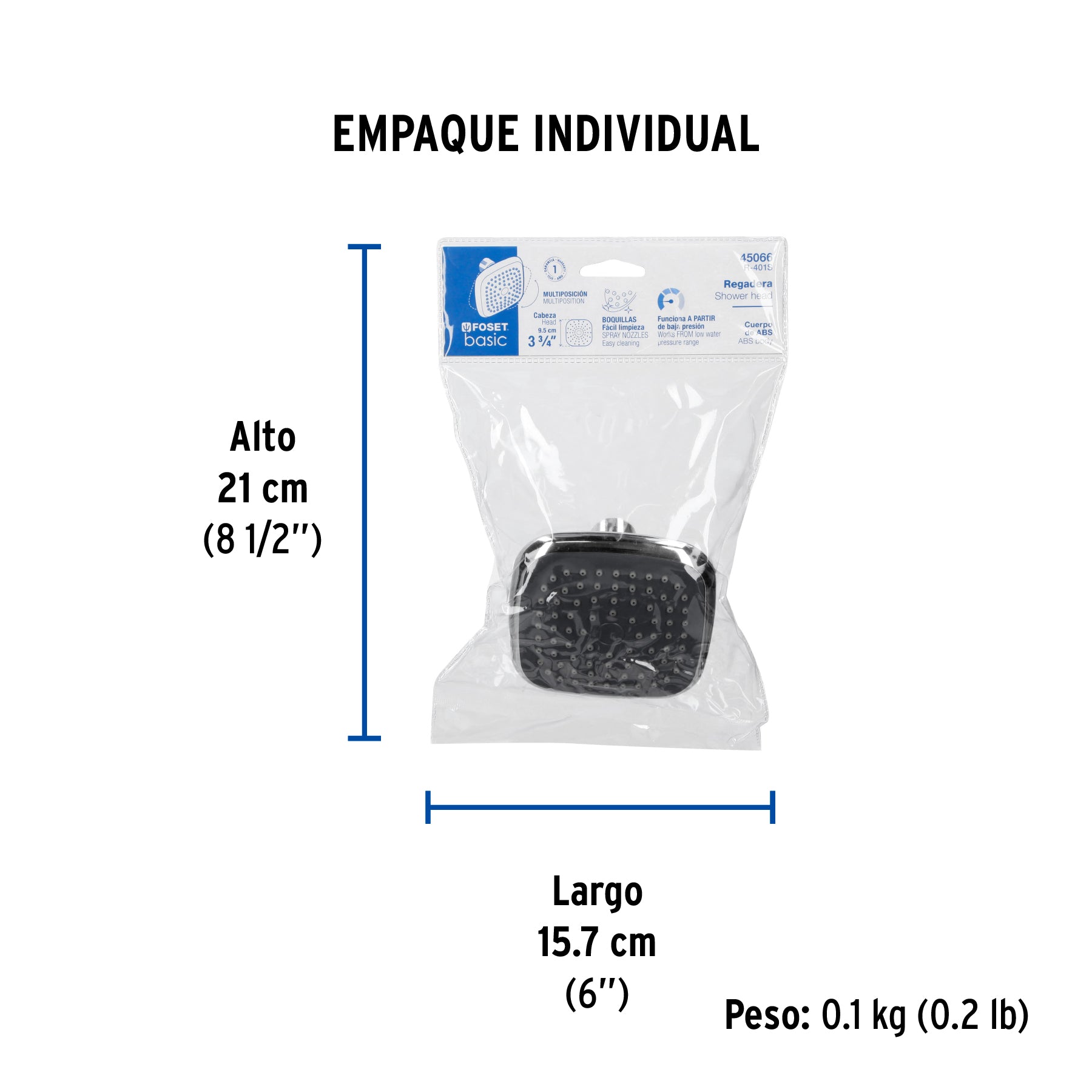 Regadera cuadrada de ABS 3-3/4" sin brazo, FOSET BASIC - Empaque