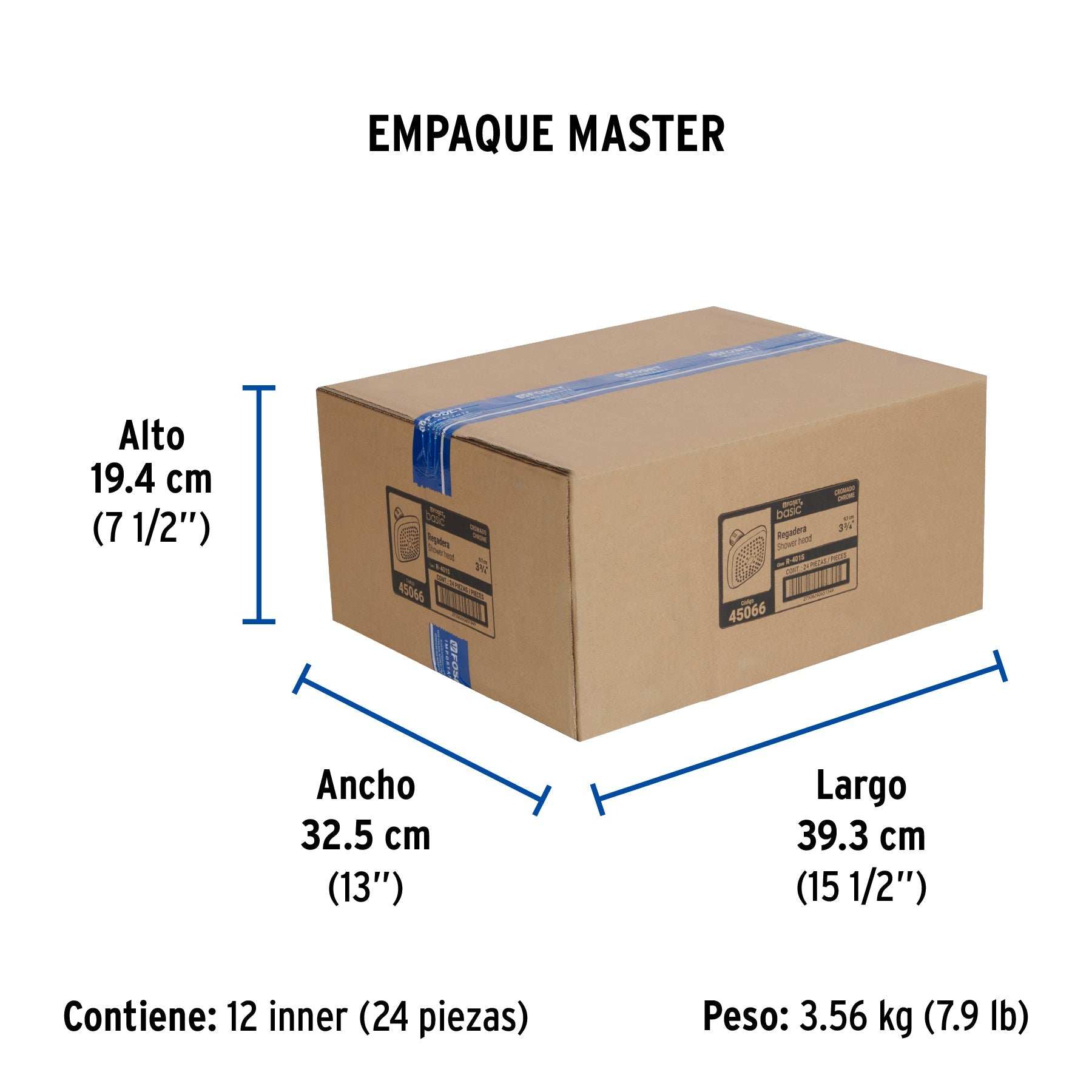 Regadera cuadrada de ABS 3-3/4" sin brazo, FOSET BASIC - Empaque
