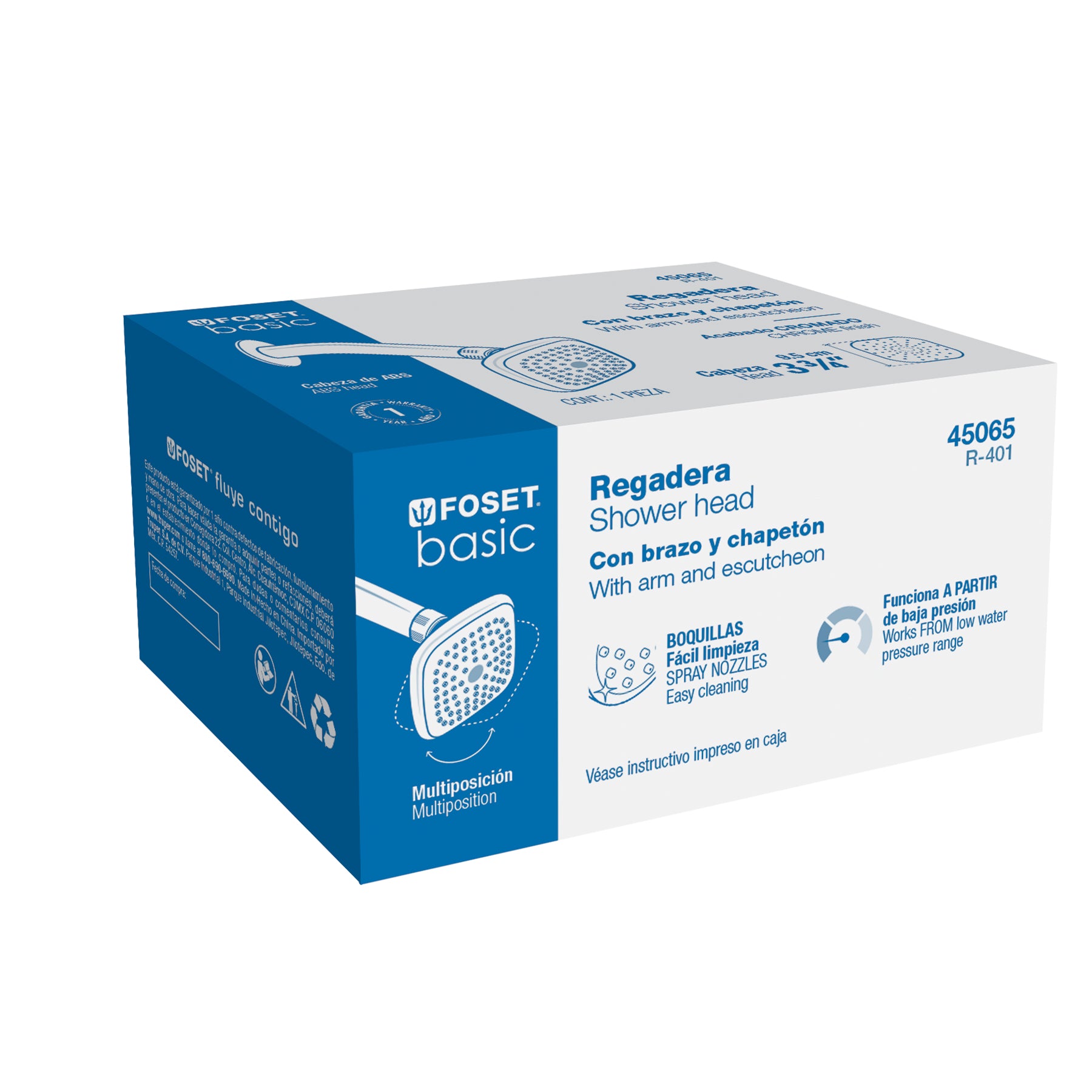 Regadera cuadrada 3-3/4" brazo y chapetón de acero, BASIC