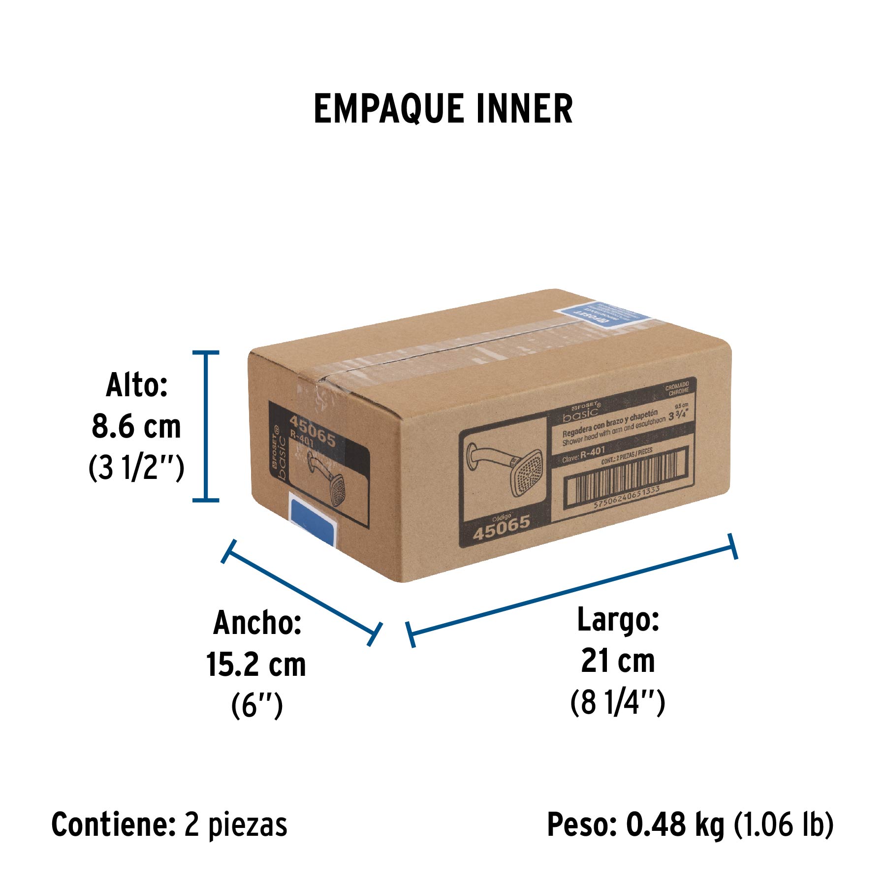 Regadera cuadrada 3-3/4" brazo y chapetón de acero, BASIC - Empaque