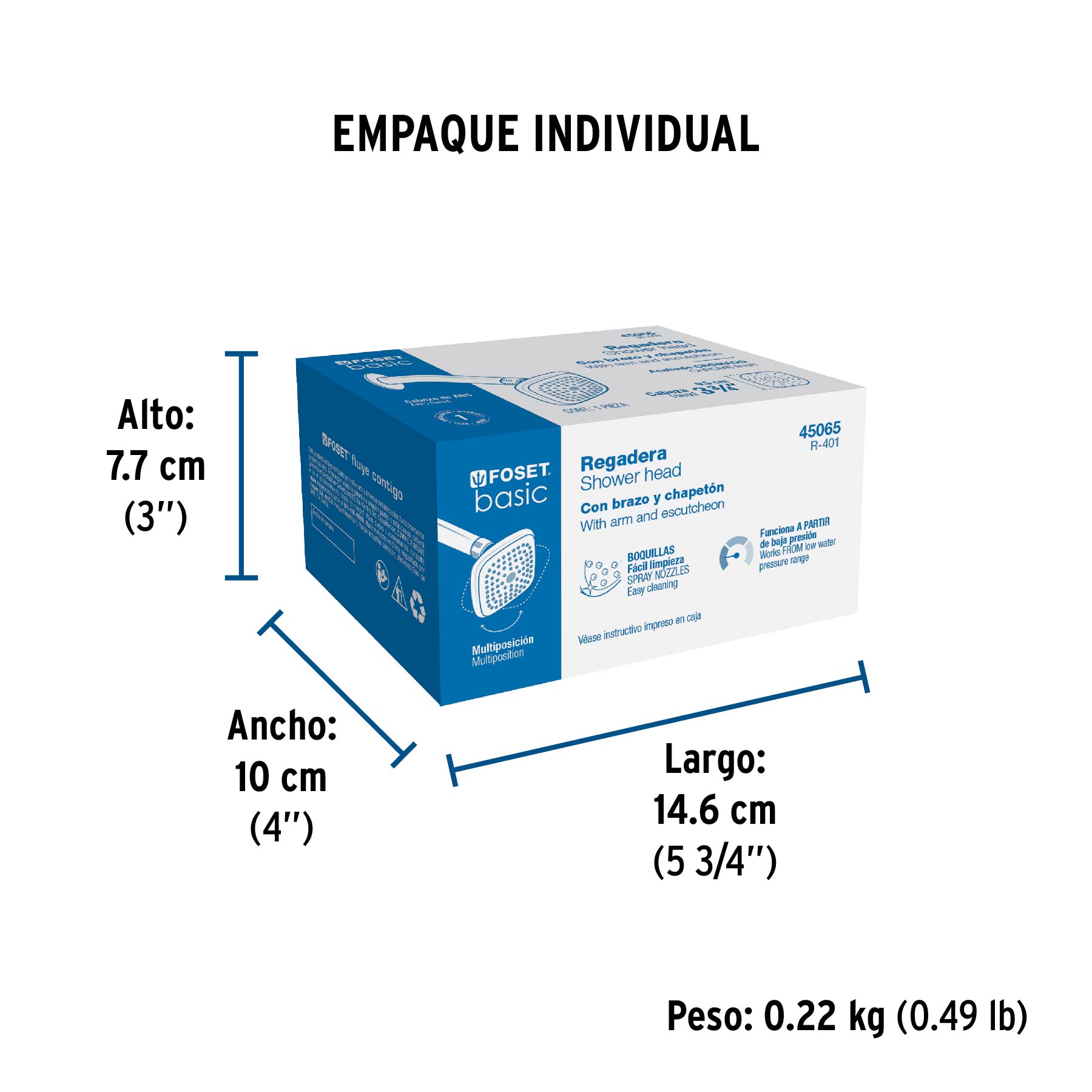 Regadera cuadrada 3-3/4" brazo y chapetón de acero, BASIC - Empaque