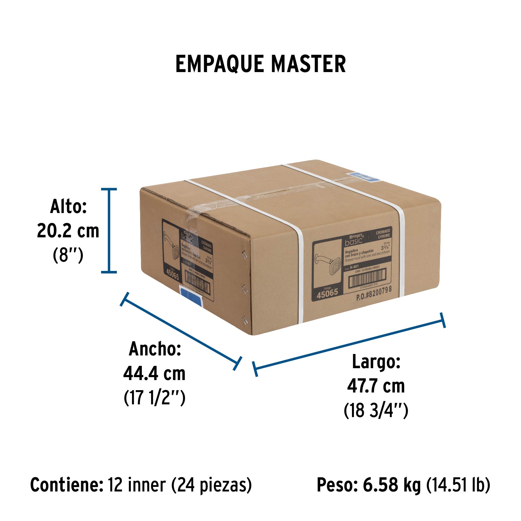 Regadera cuadrada 3-3/4" brazo y chapetón de acero, BASIC - Empaque