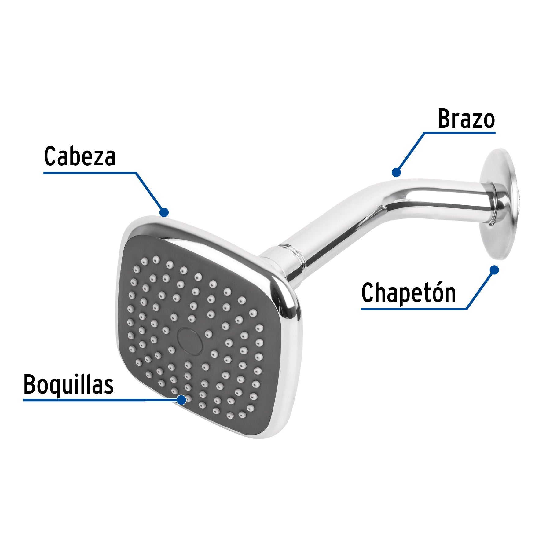 Regadera cuadrada 3-3/4" brazo y chapetón de acero, BASIC