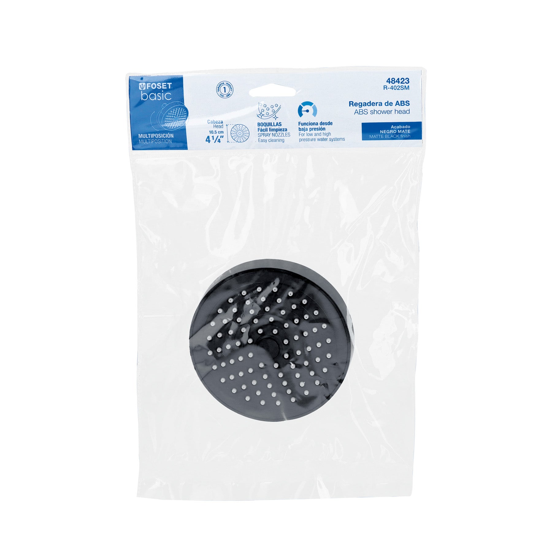 Regadera redonda de ABS 4-1/4" sin brazo, negro, BASIC