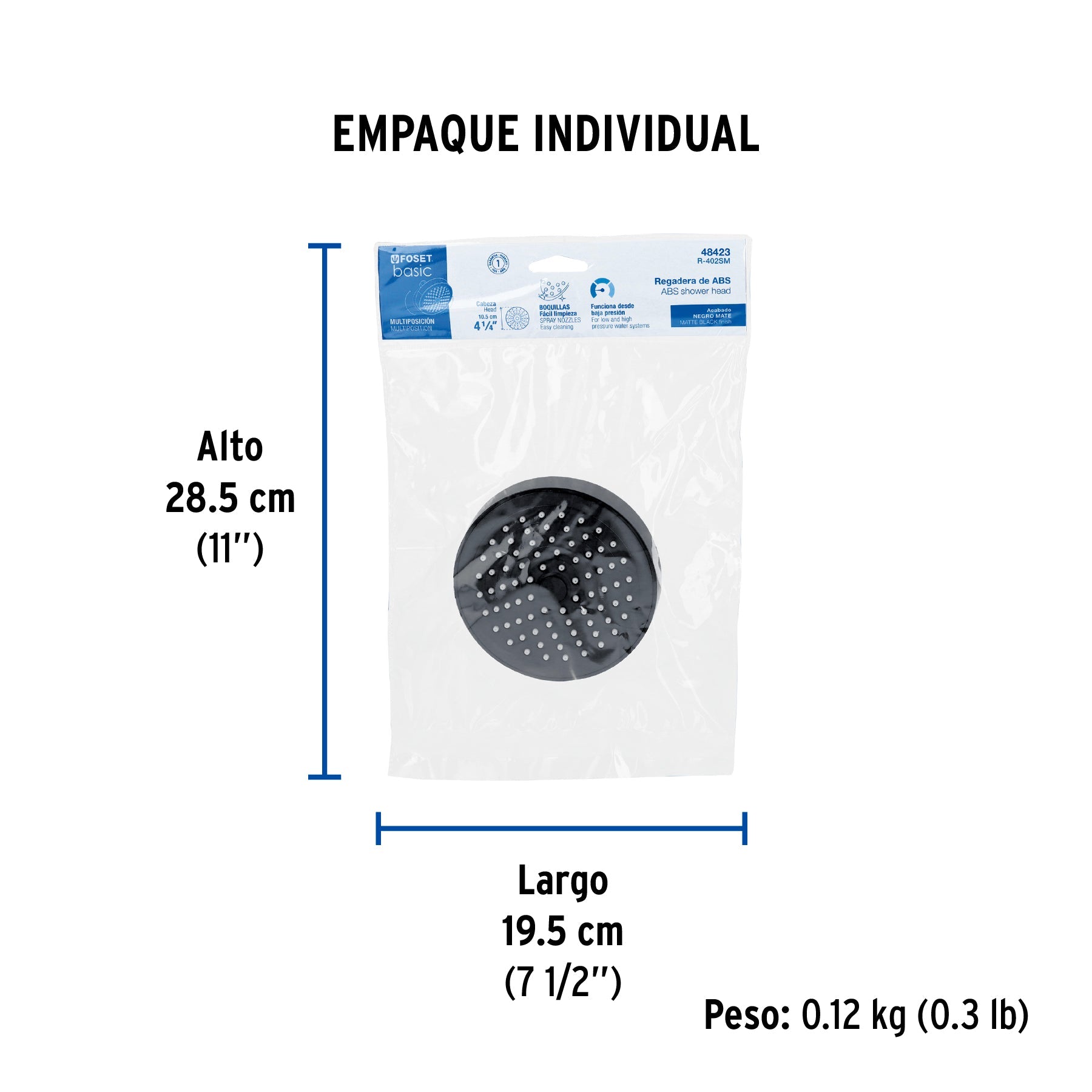 Regadera redonda de ABS 4-1/4" sin brazo, negro, BASIC - Empaque