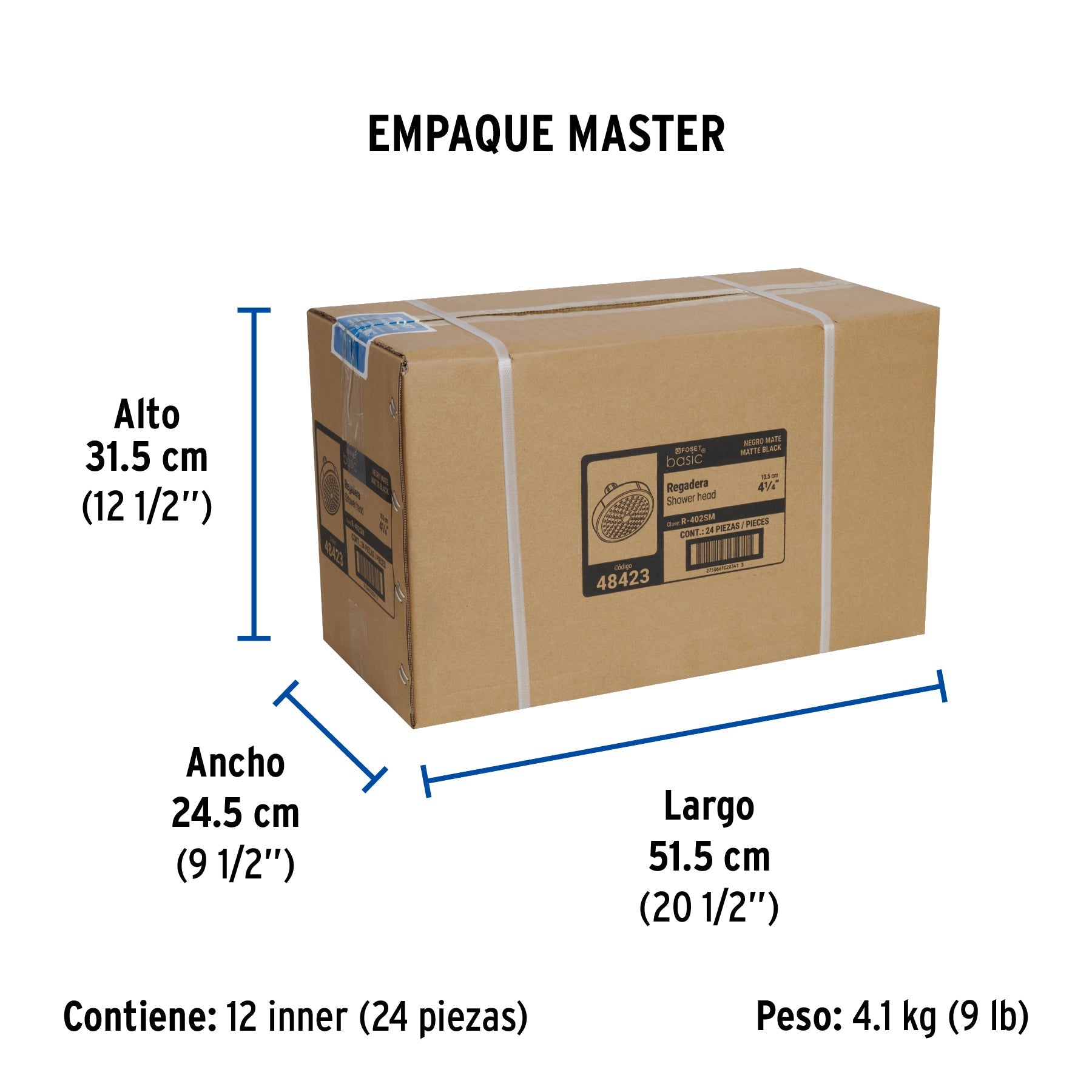 Regadera redonda de ABS 4-1/4" sin brazo, negro, BASIC - Empaque