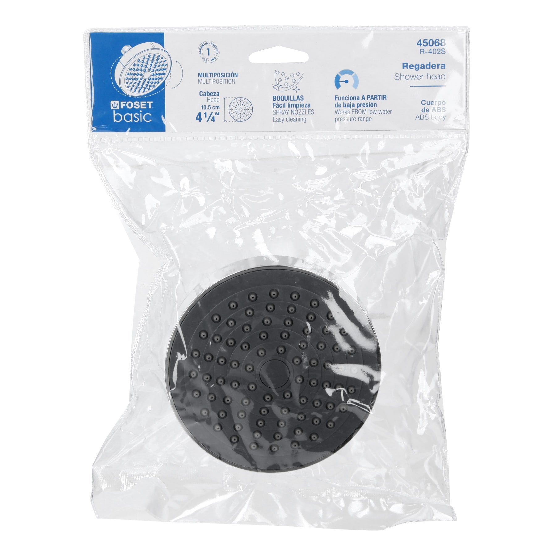 Regadera redonda de ABS 4-1/4" sin brazo, FOSET BASIC