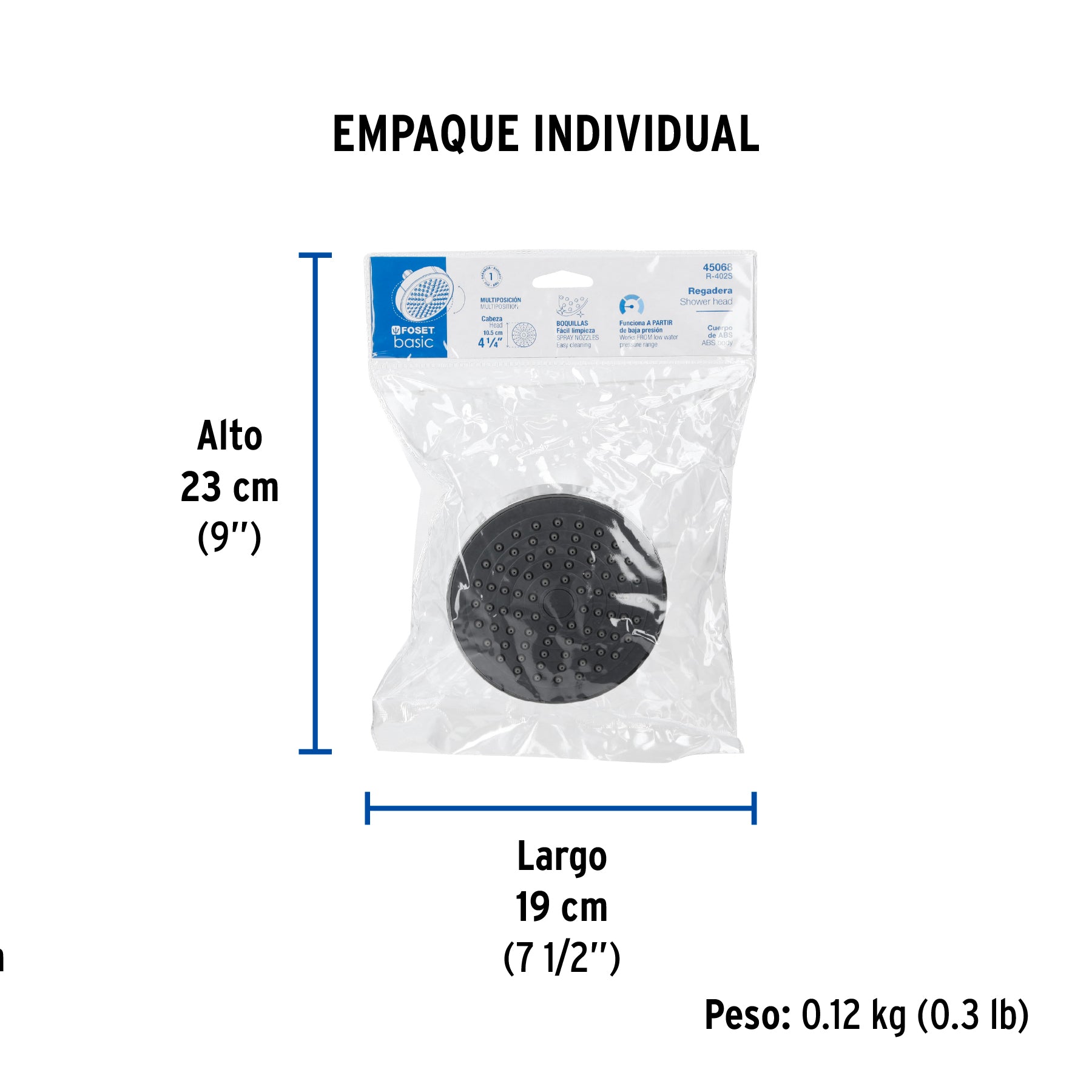 Regadera redonda de ABS 4-1/4" sin brazo, FOSET BASIC - Empaque