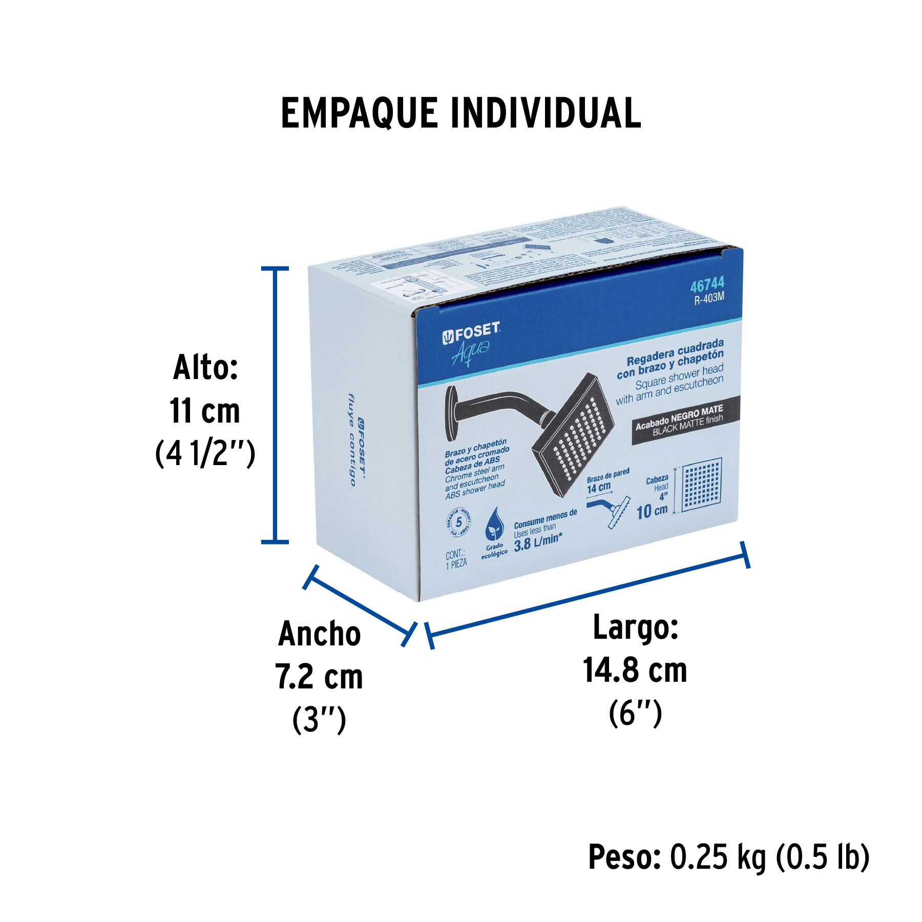 Regadera cuadrada 4", ABS, con brazo y chapetón, negro, AQUA - Empaque