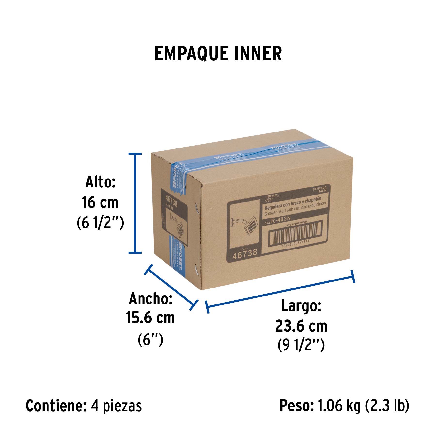 Regadera cuadrada 4", ABS, con brazo y chapetón, satín, AQUA - Empaque