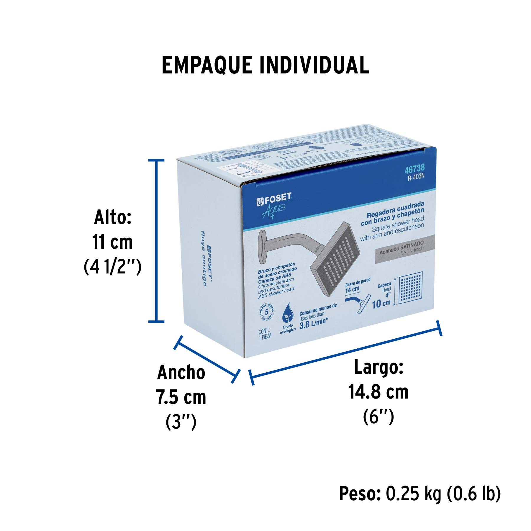 Regadera cuadrada 4", ABS, con brazo y chapetón, satín, AQUA - Empaque