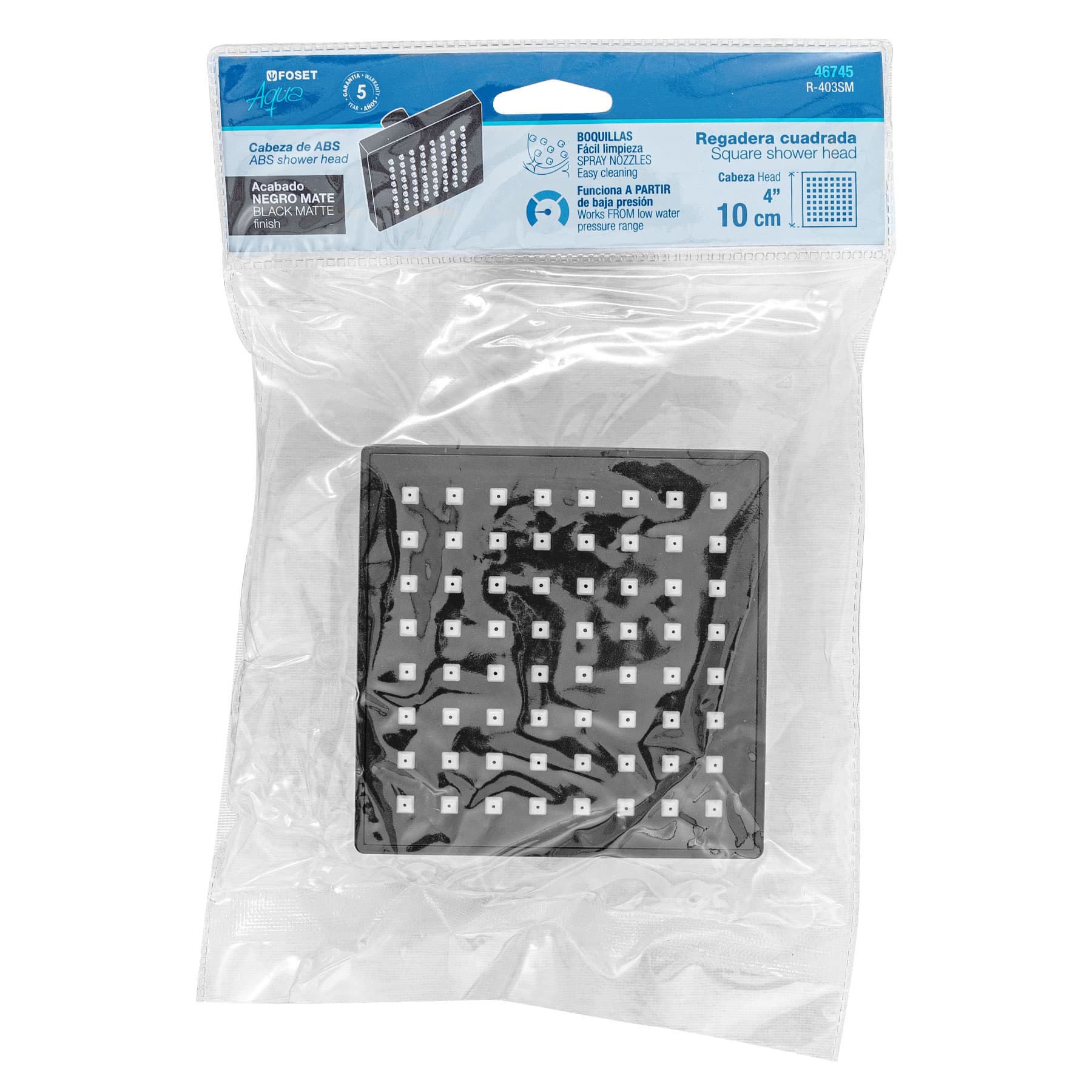 Regadera cuadrada 4", ABS, sin brazo, negro, AQUA