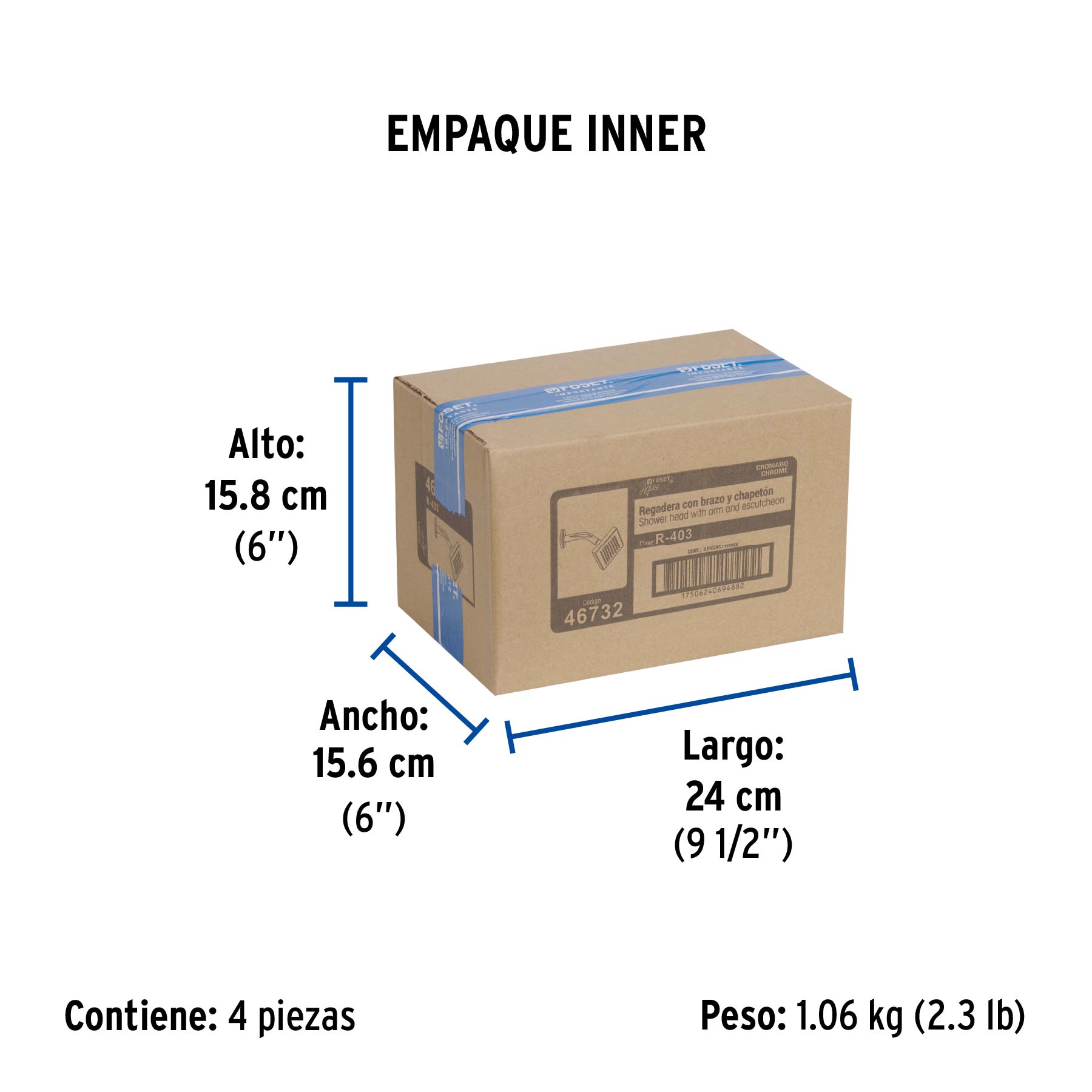 Regadera cuadrada 4", ABS, con brazo y chapetón, cromo, AQUA - Empaque