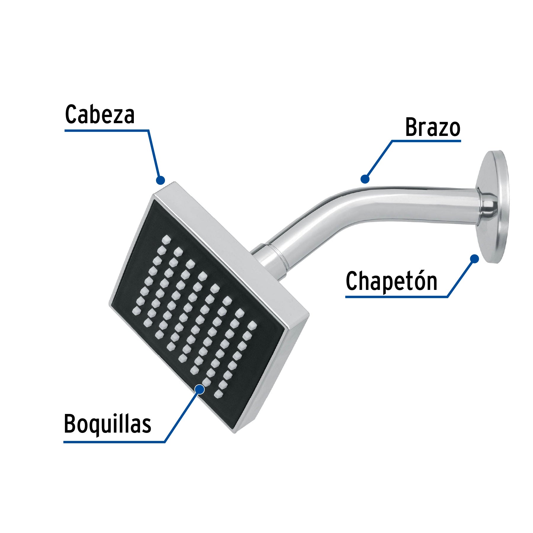 Regadera cuadrada 4", ABS, con brazo y chapetón, cromo, AQUA