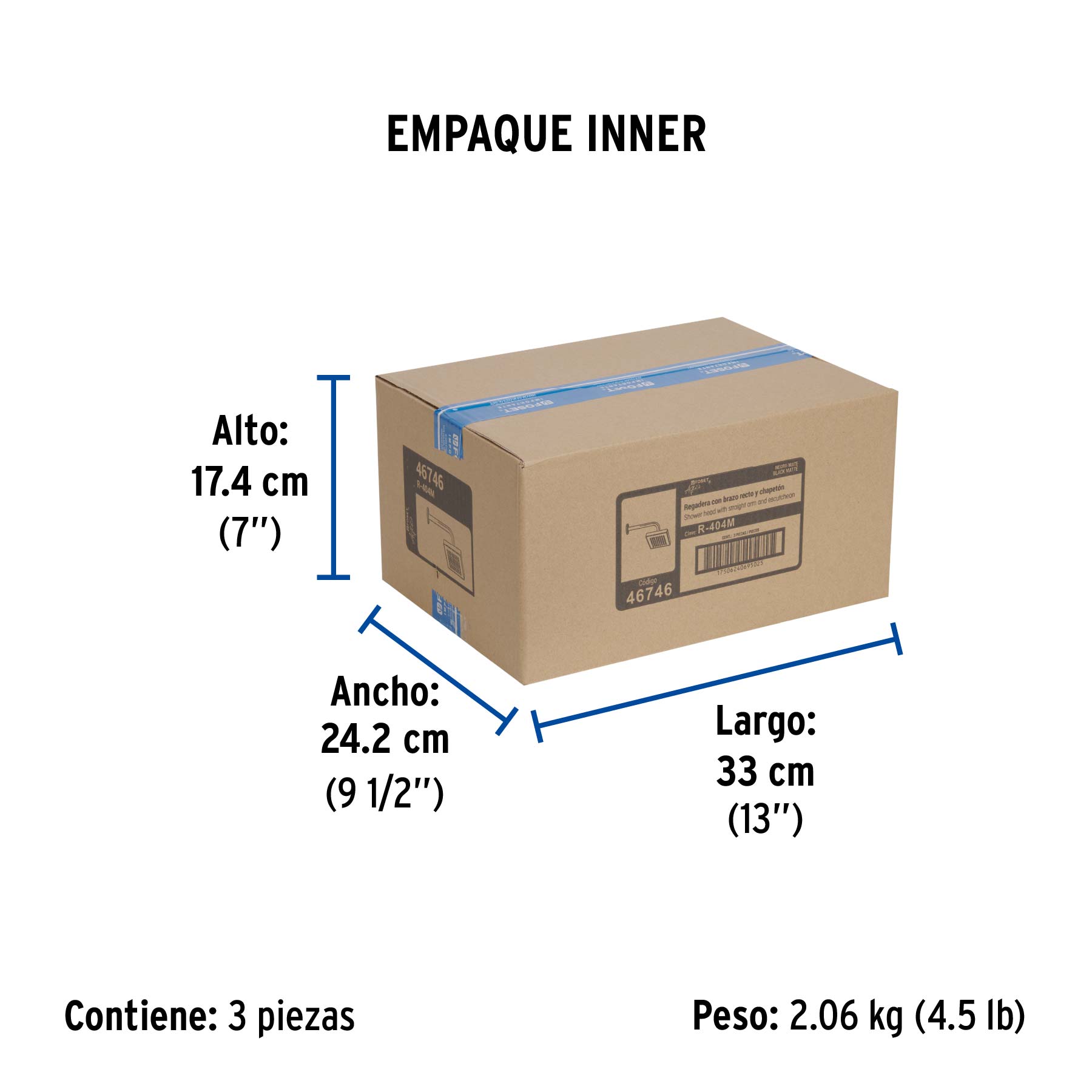 Regadera cuadrada 6", ABS, con brazo y chapetón, negro, AQUA - Empaque