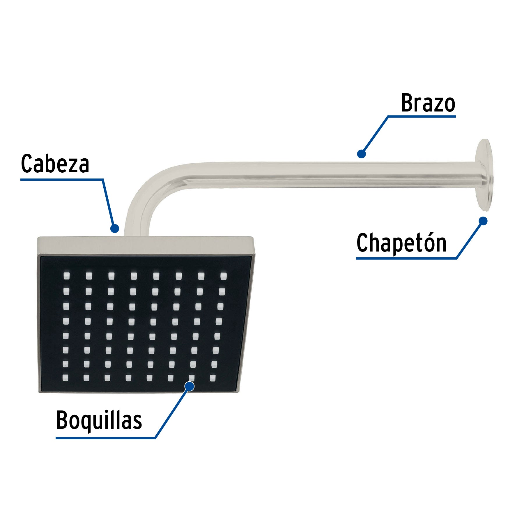 Regadera cuadrada 6", ABS, con brazo y chapetón, satín, AQUA