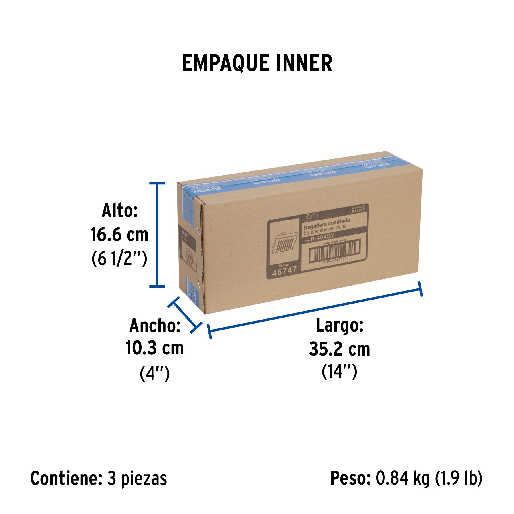 Regadera cuadrada 6", ABS, sin brazo, negro, AQUA - Empaque