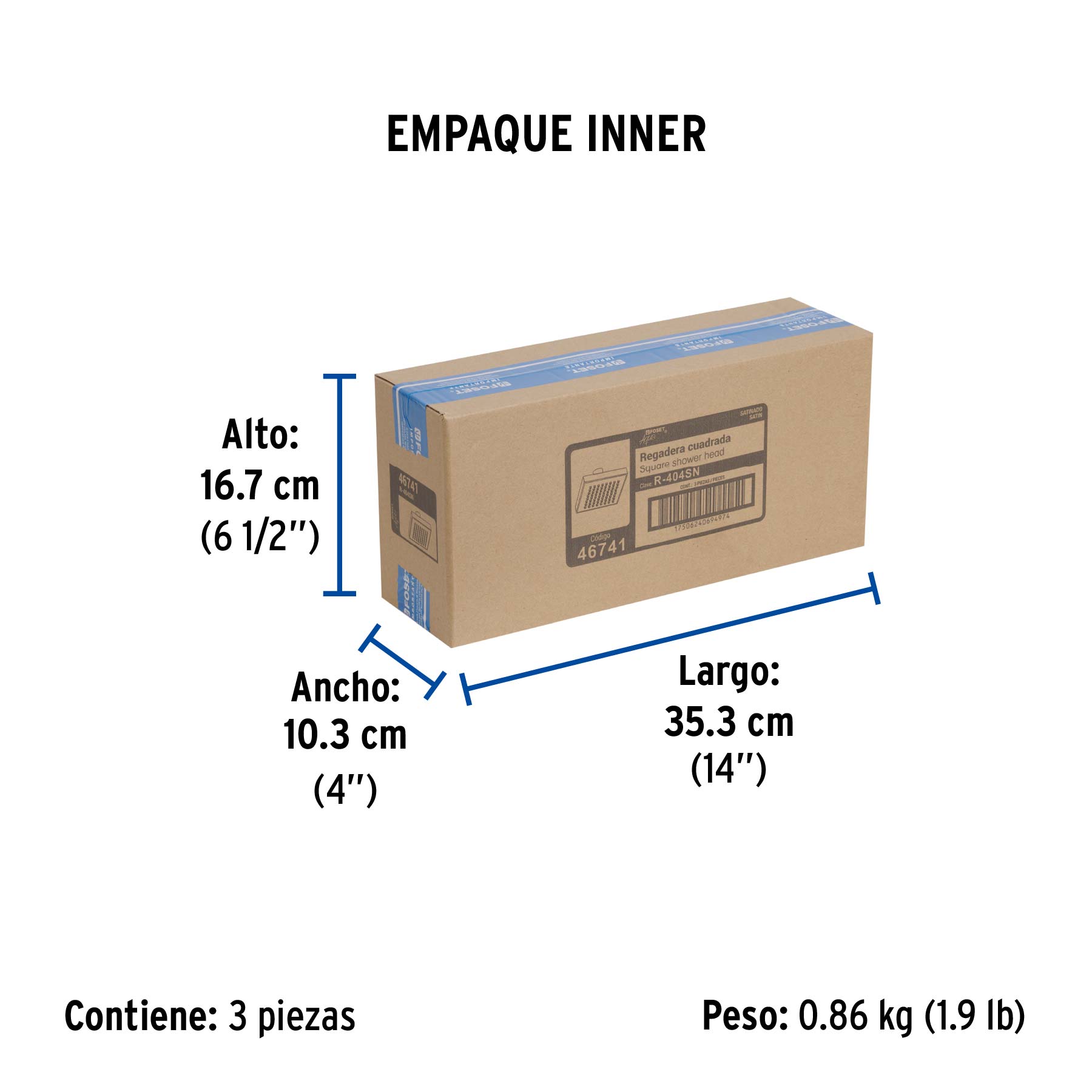 Regadera cuadrada 6", ABS, sin brazo, satín, AQUA - Empaque