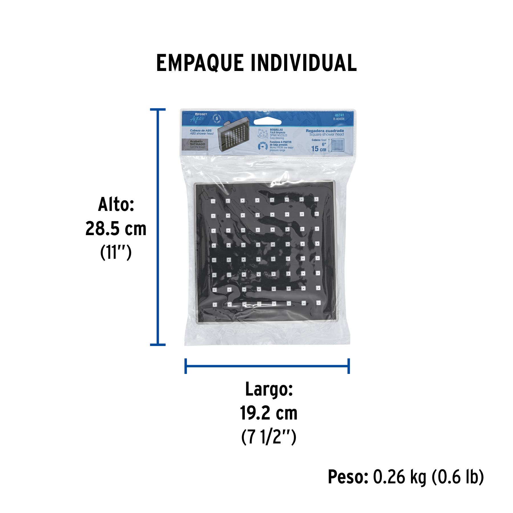 Regadera cuadrada 6", ABS, sin brazo, satín, AQUA - Empaque