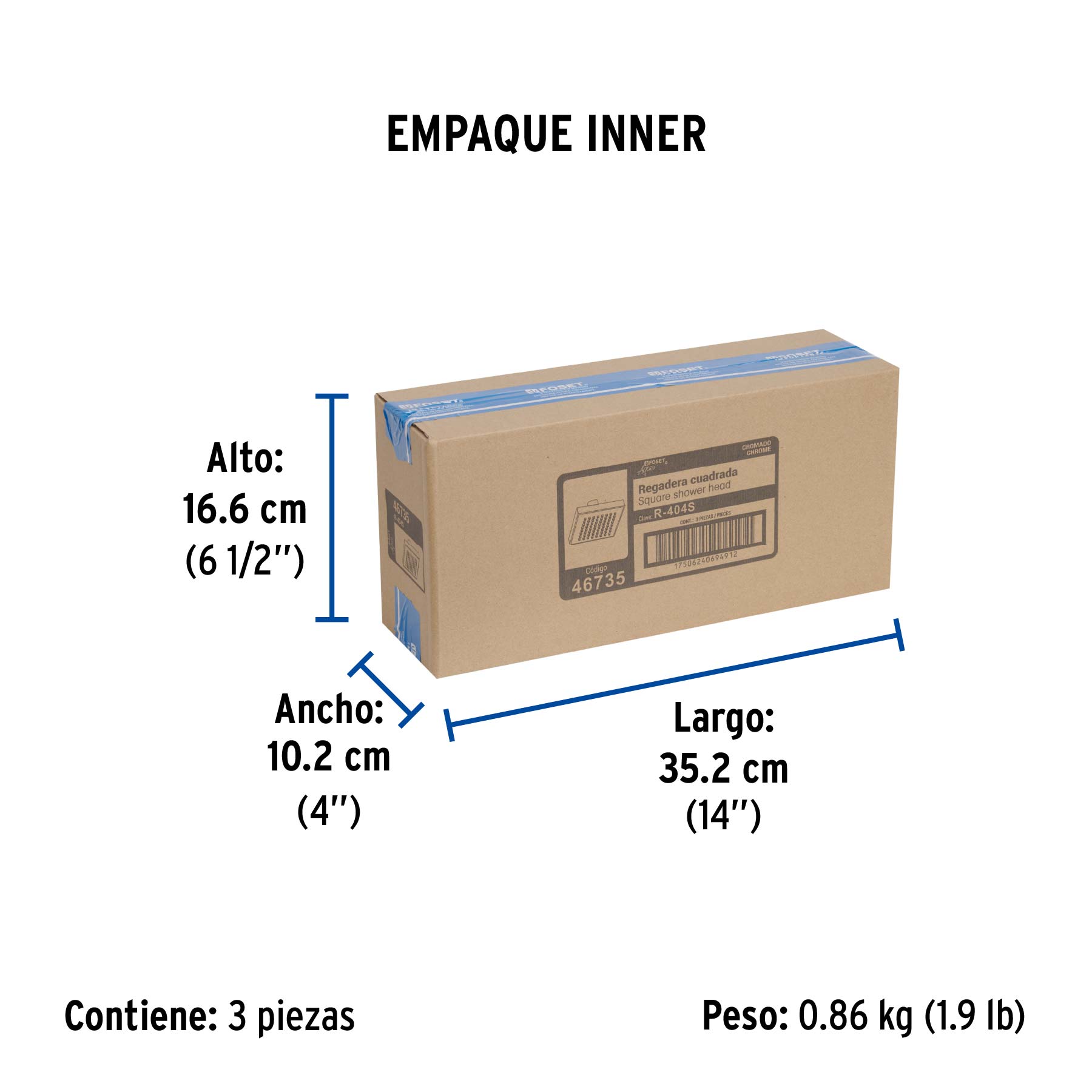Regadera cuadrada 6", ABS, sin brazo, cromo, AQUA - Empaque