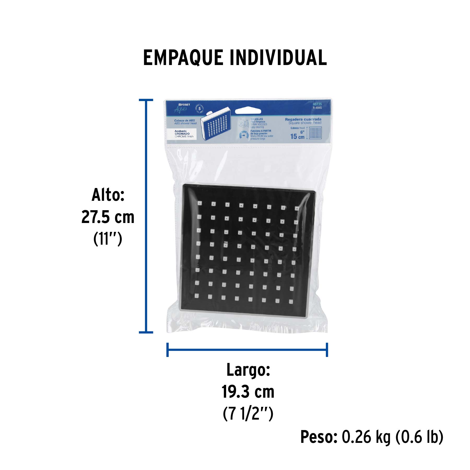Regadera cuadrada 6", ABS, sin brazo, cromo, AQUA - Empaque