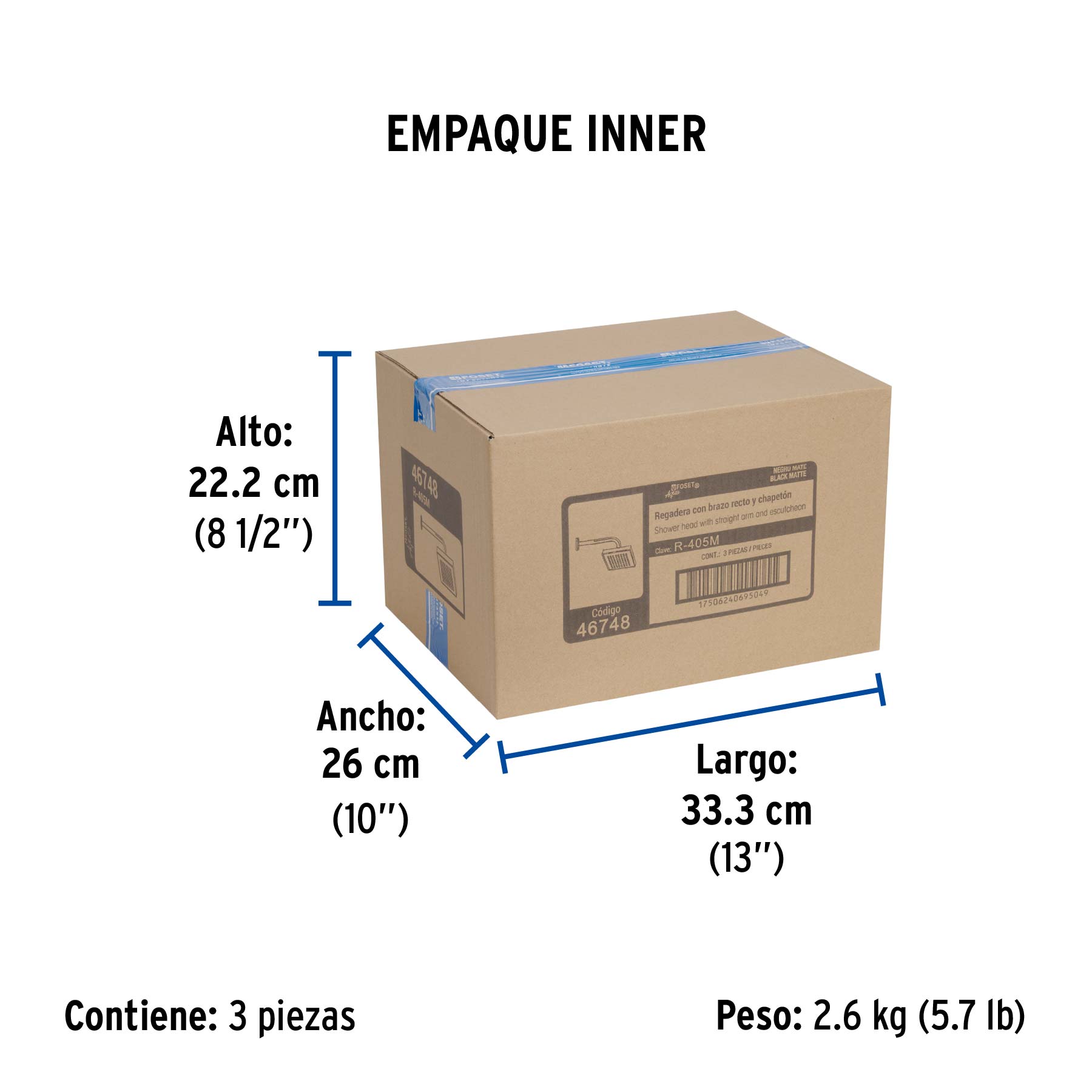 Regadera cuadrada 8", ABS, con brazo y chapetón, negro, AQUA - Empaque
