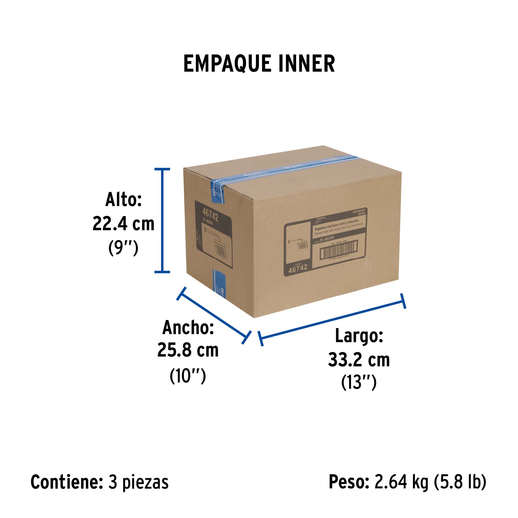 Regadera cuadrada 8", ABS, con brazo y chapetón, satín, AQUA - Empaque