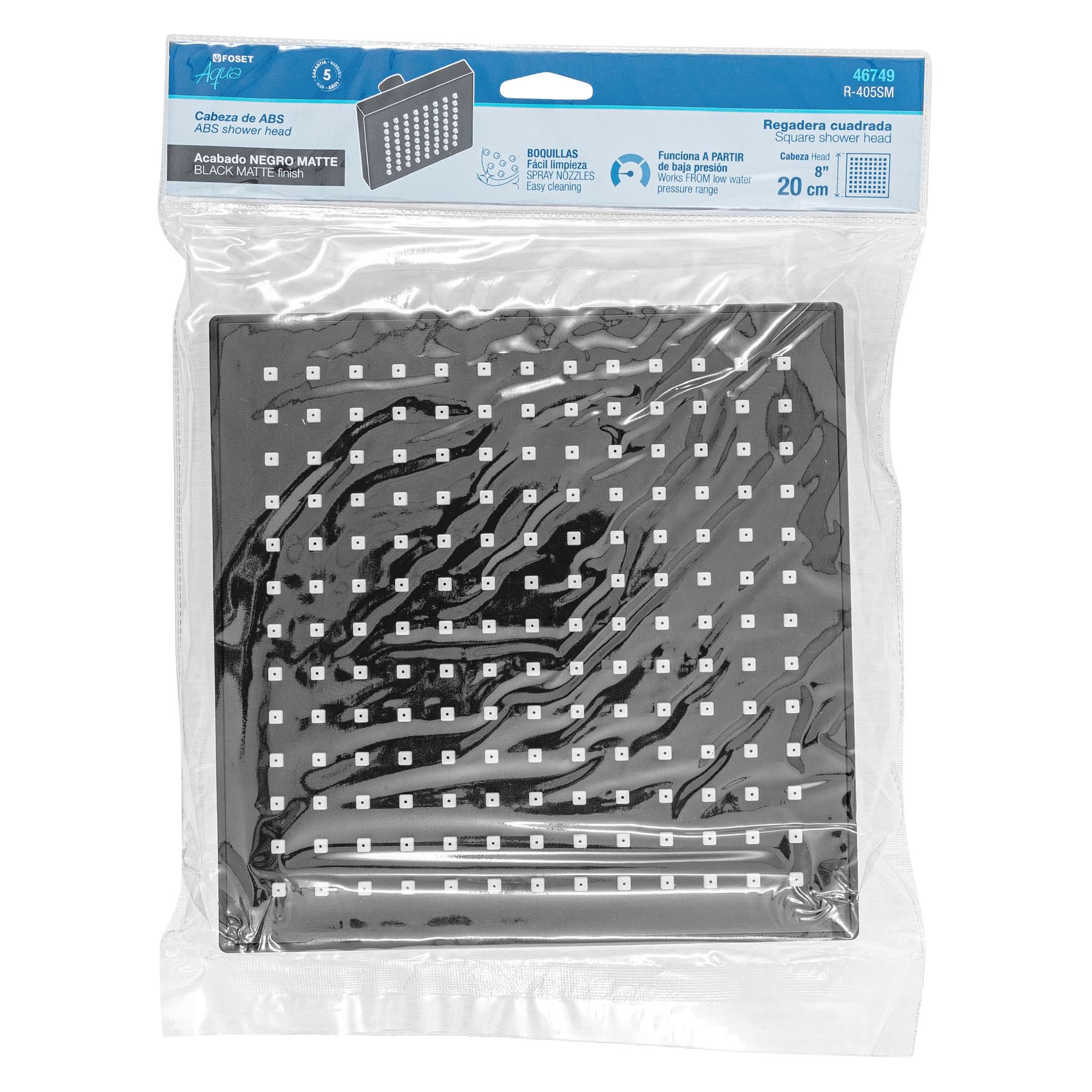 Regadera cuadrada 8", ABS, sin brazo, negro, AQUA