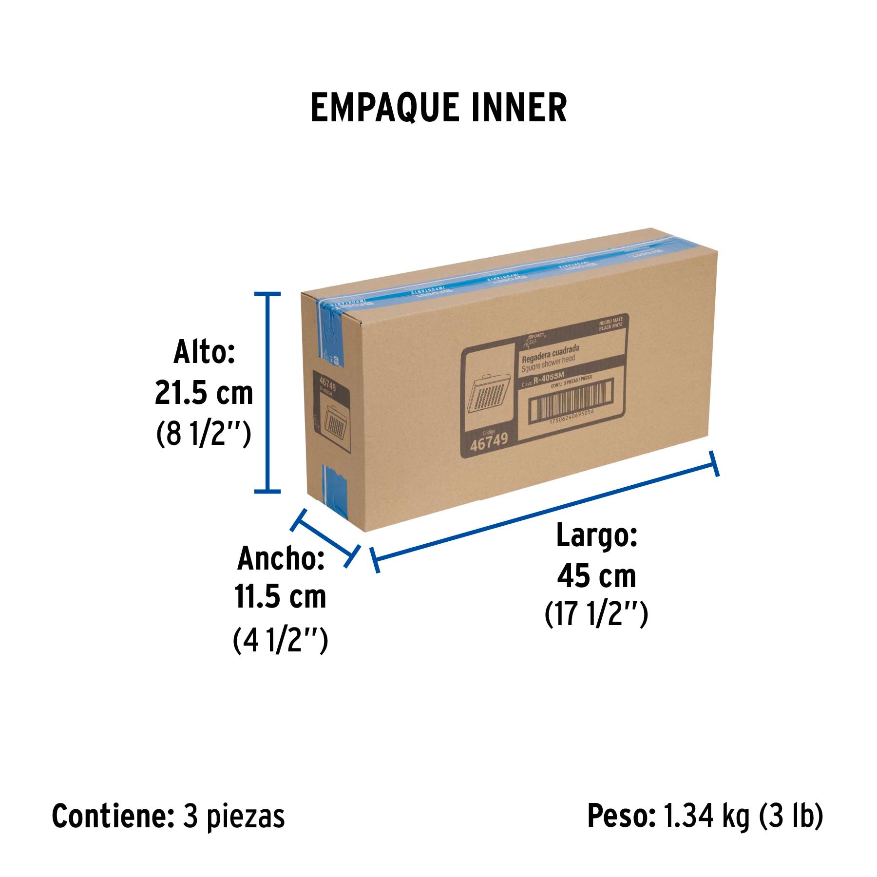 Regadera cuadrada 8", ABS, sin brazo, negro, AQUA - Empaque