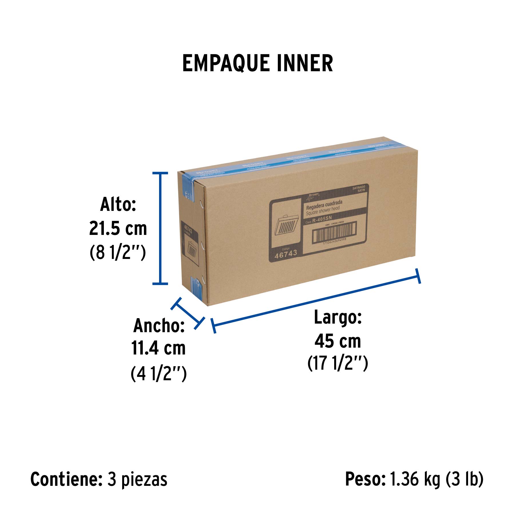 Regadera cuadrada 8", ABS, sin brazo, satín, AQUA - Empaque