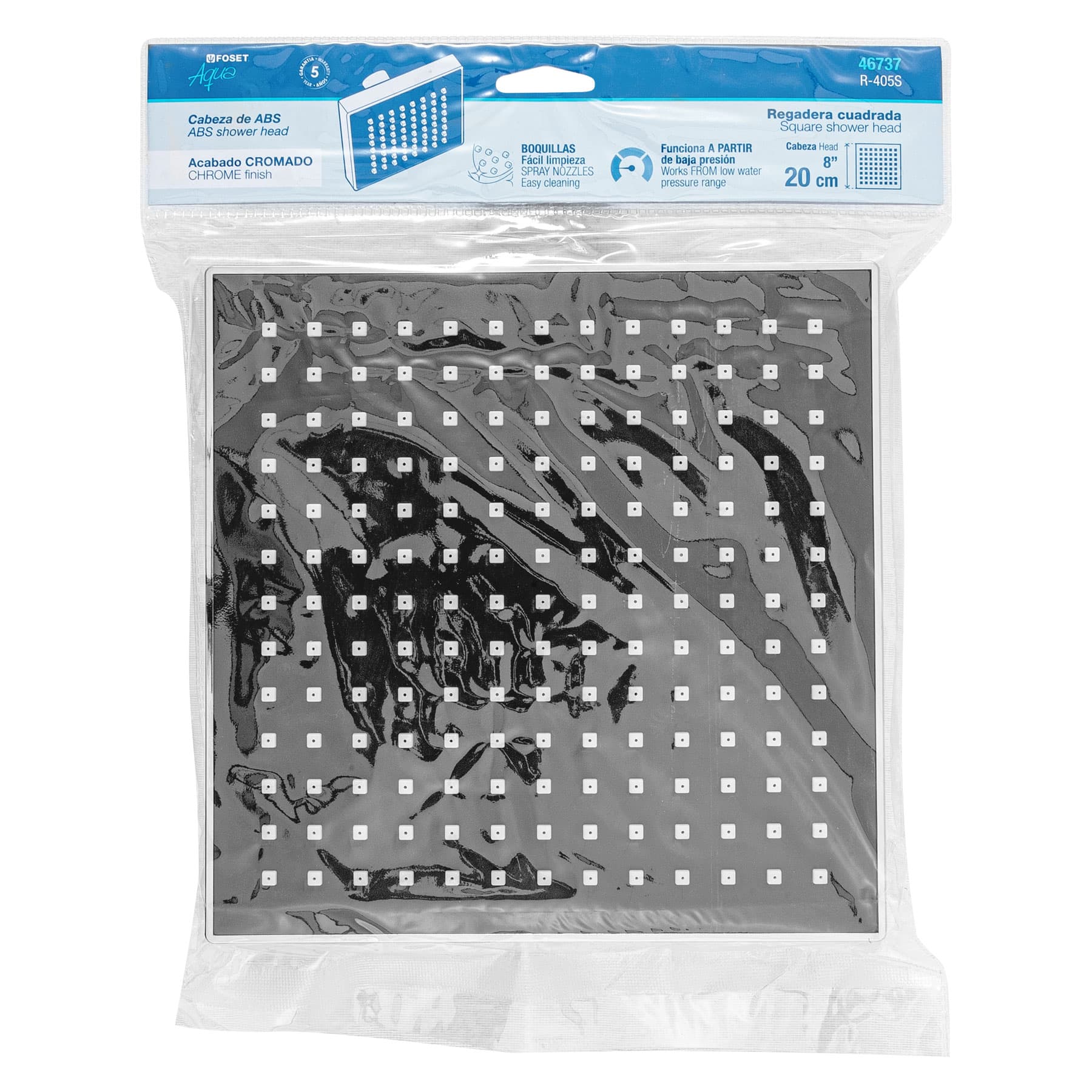 Regadera cuadrada 8", ABS, sin brazo, cromo, AQUA