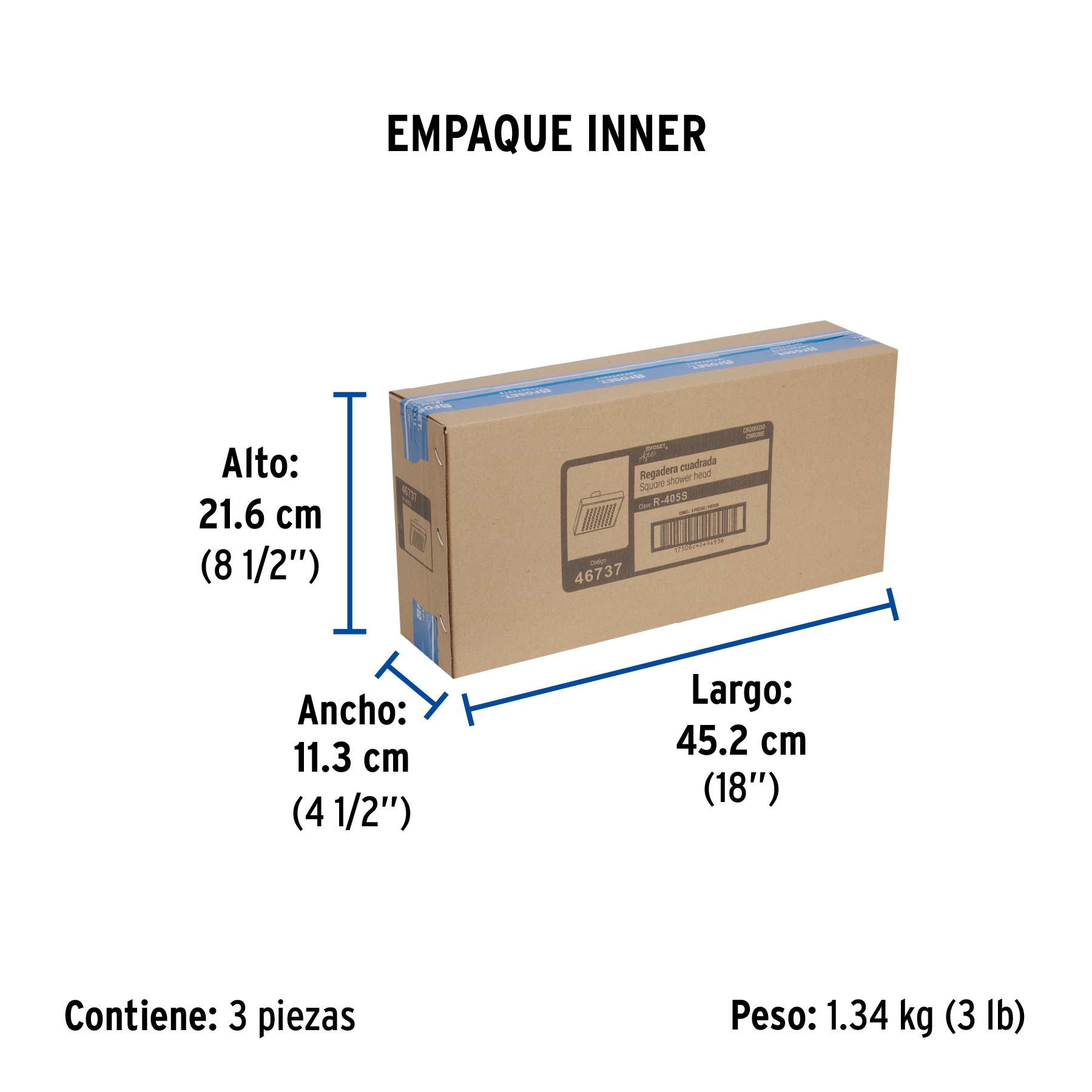 Regadera cuadrada 8", ABS, sin brazo, cromo, AQUA - Empaque