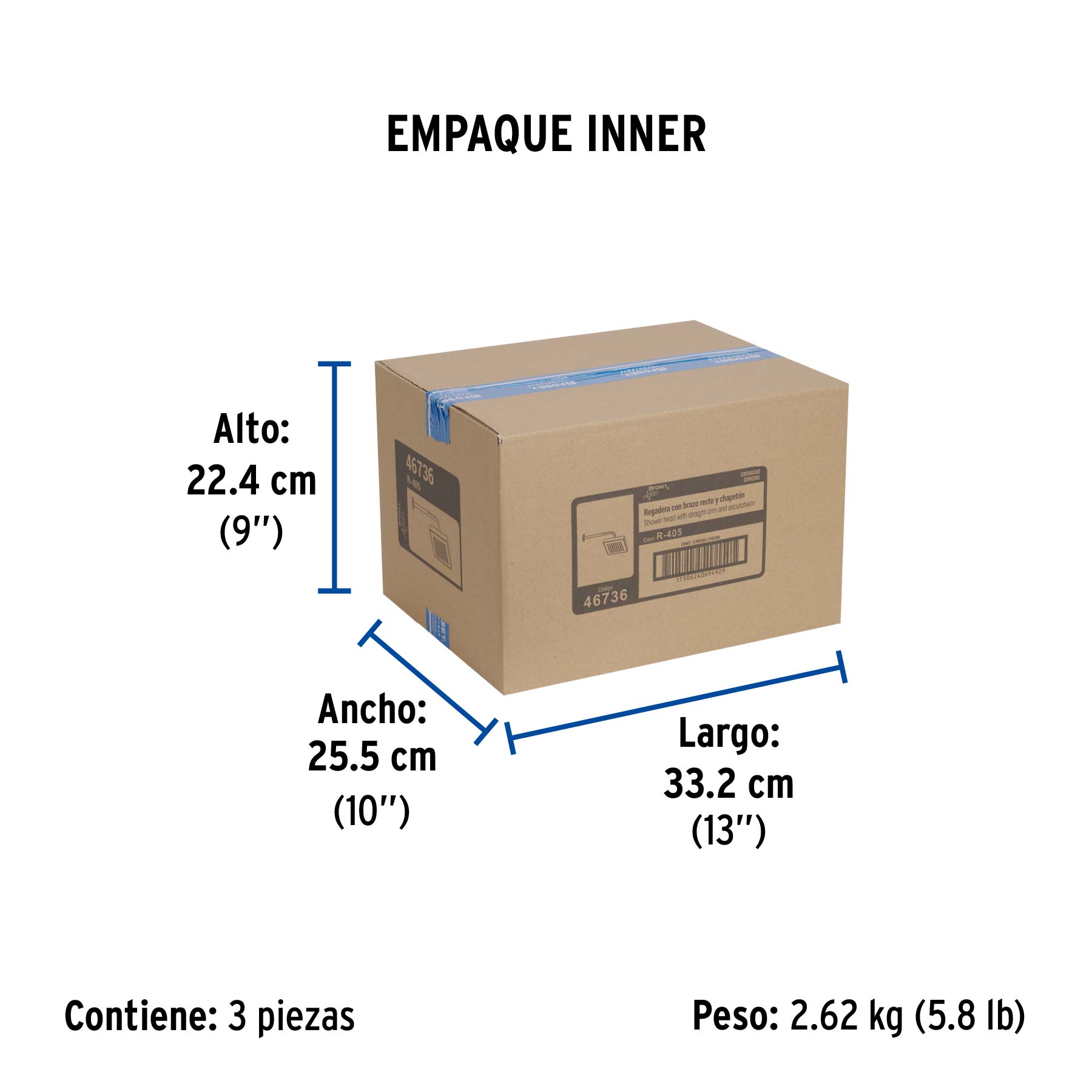 Regadera cuadrada 8", ABS, con brazo y chapetón, cromo, AQUA - Empaque