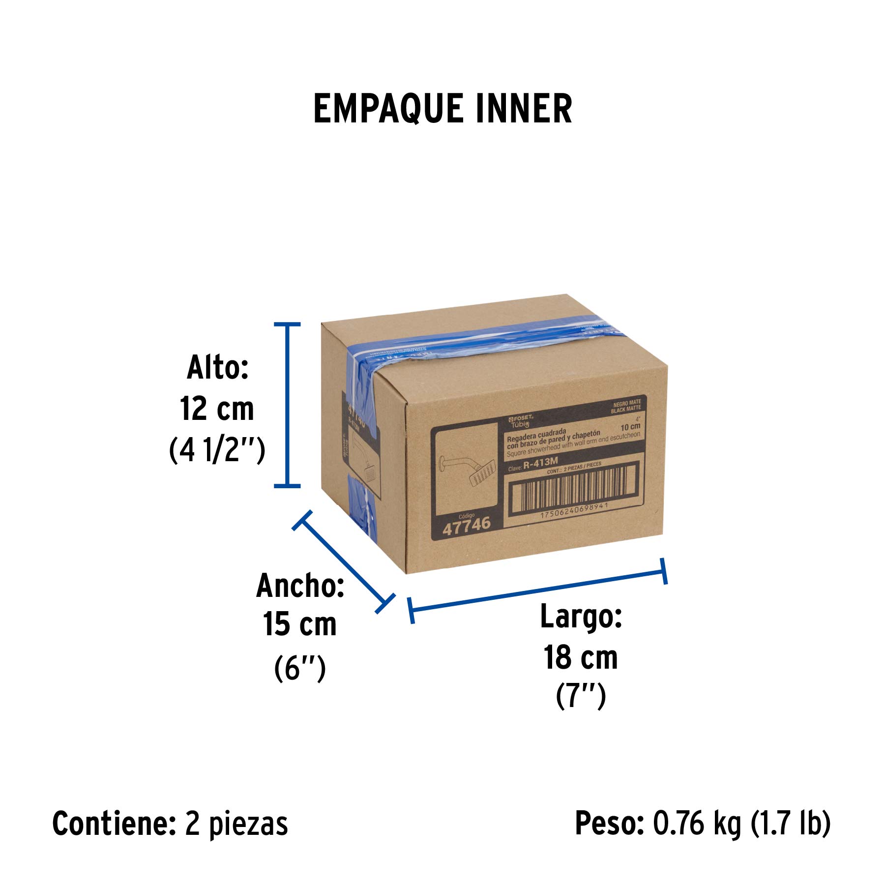 Regadera cuadrada 4", acero inox, con brazo, negro, TÚBIG - Empaque