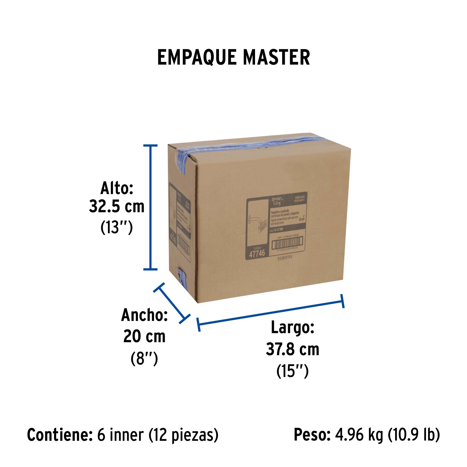 Regadera cuadrada 4", acero inox, con brazo, negro, TÚBIG - Empaque