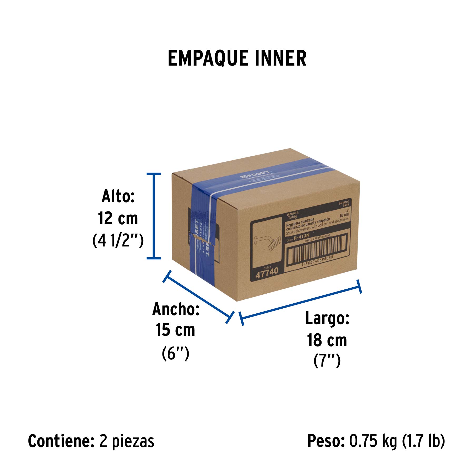 Regadera cuadrada 4", acero inox, con brazo, satín, TÚBIG - Empaque