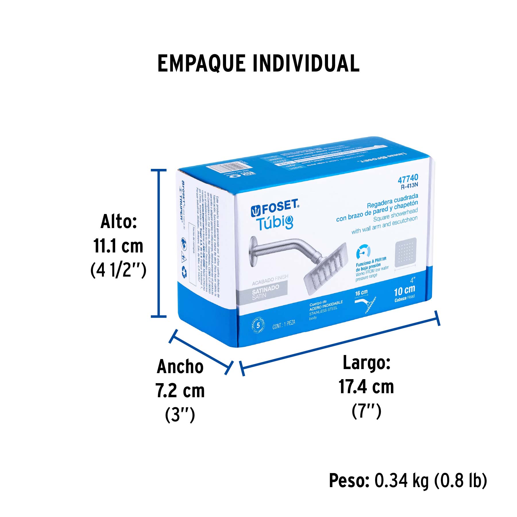 Regadera cuadrada 4", acero inox, con brazo, satín, TÚBIG - Empaque