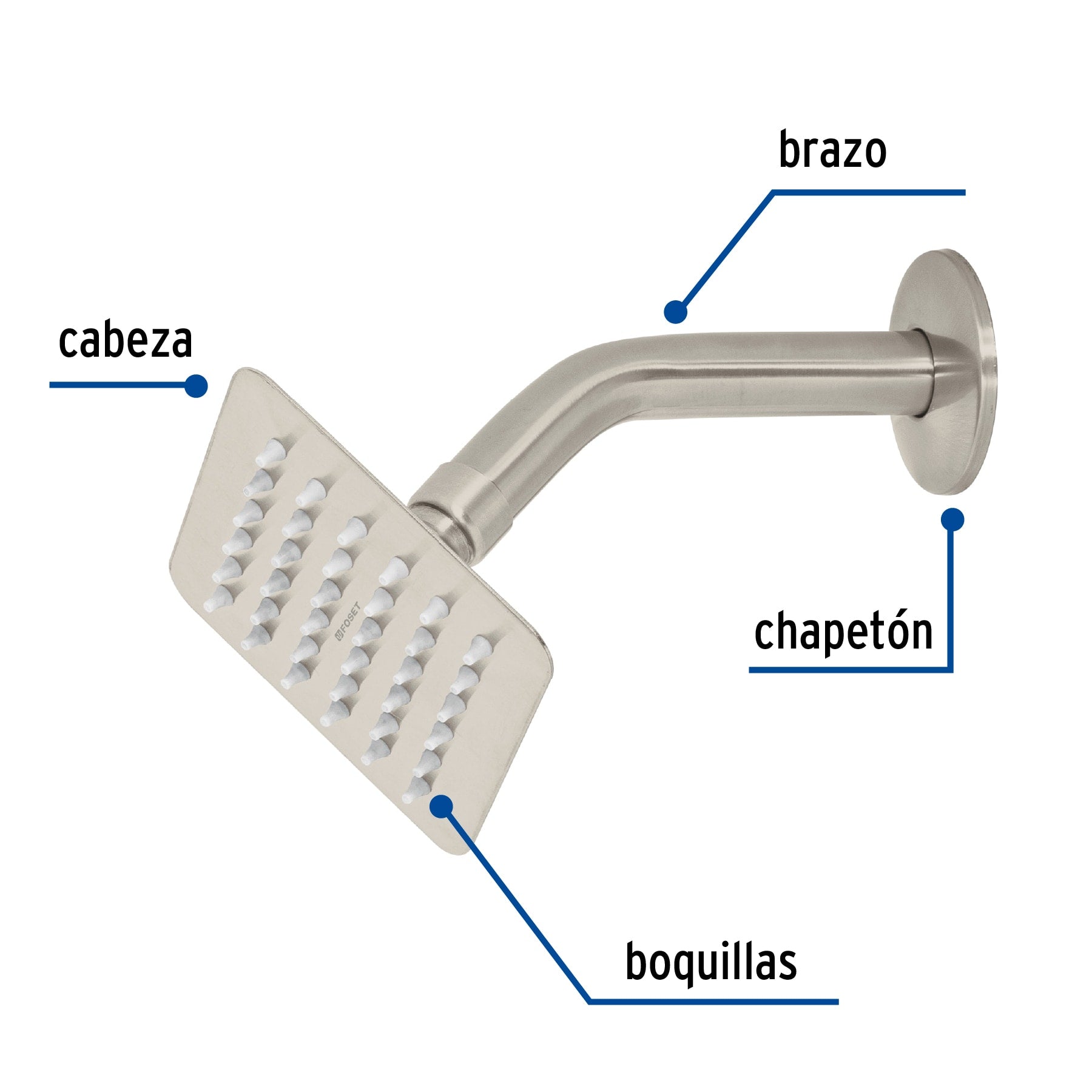 Regadera cuadrada 4", acero inox, con brazo, satín, TÚBIG