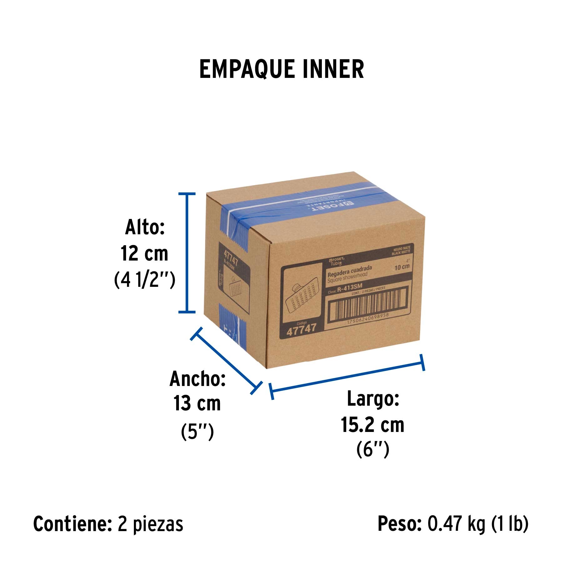 Regadera cuadrada 4", acero inox, sin brazo, negro, TÚBIG - Empaque