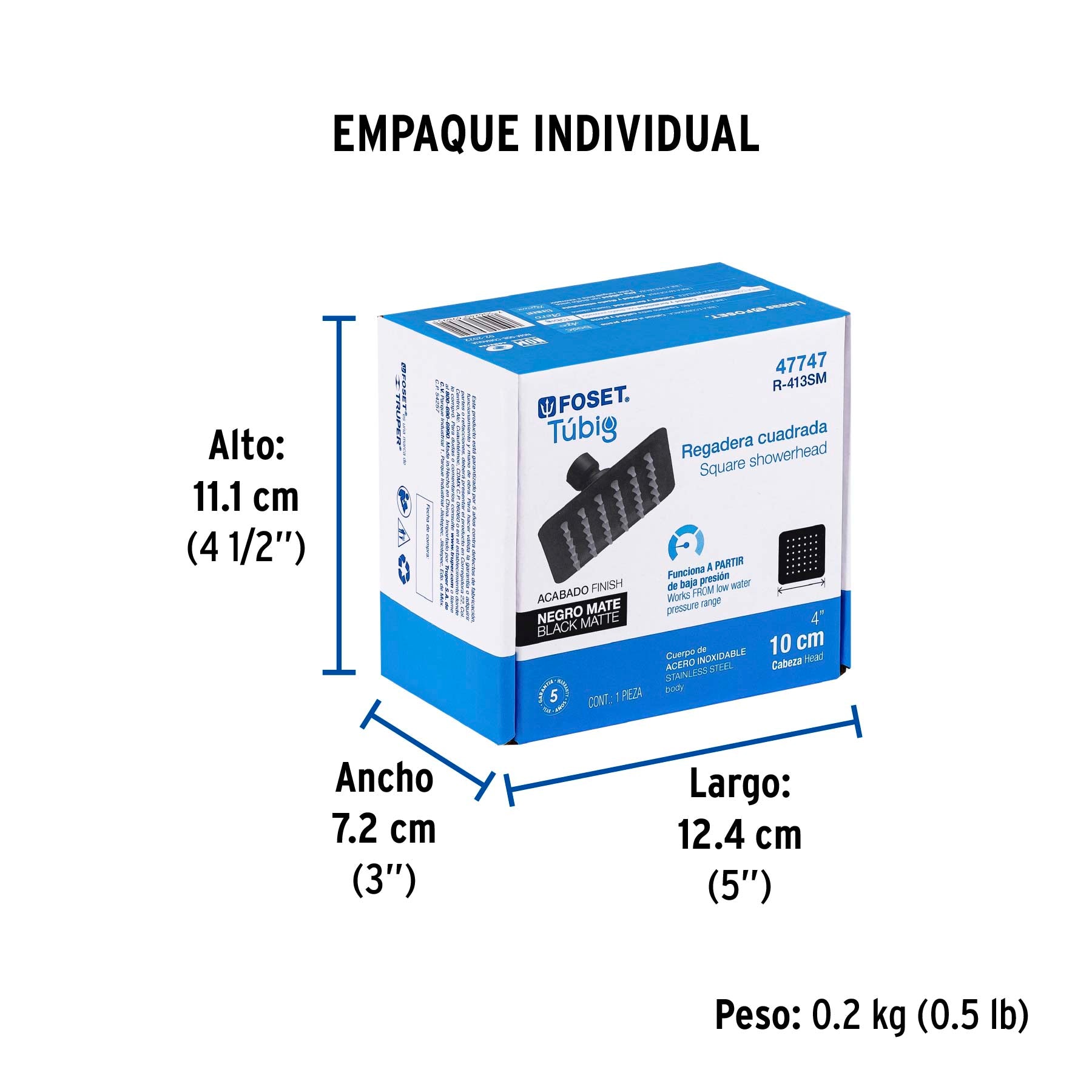 Regadera cuadrada 4", acero inox, sin brazo, negro, TÚBIG - Empaque