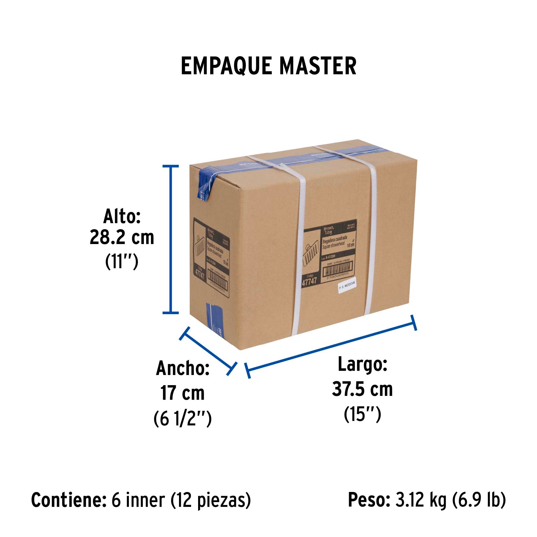 Regadera cuadrada 4", acero inox, sin brazo, negro, TÚBIG - Empaque