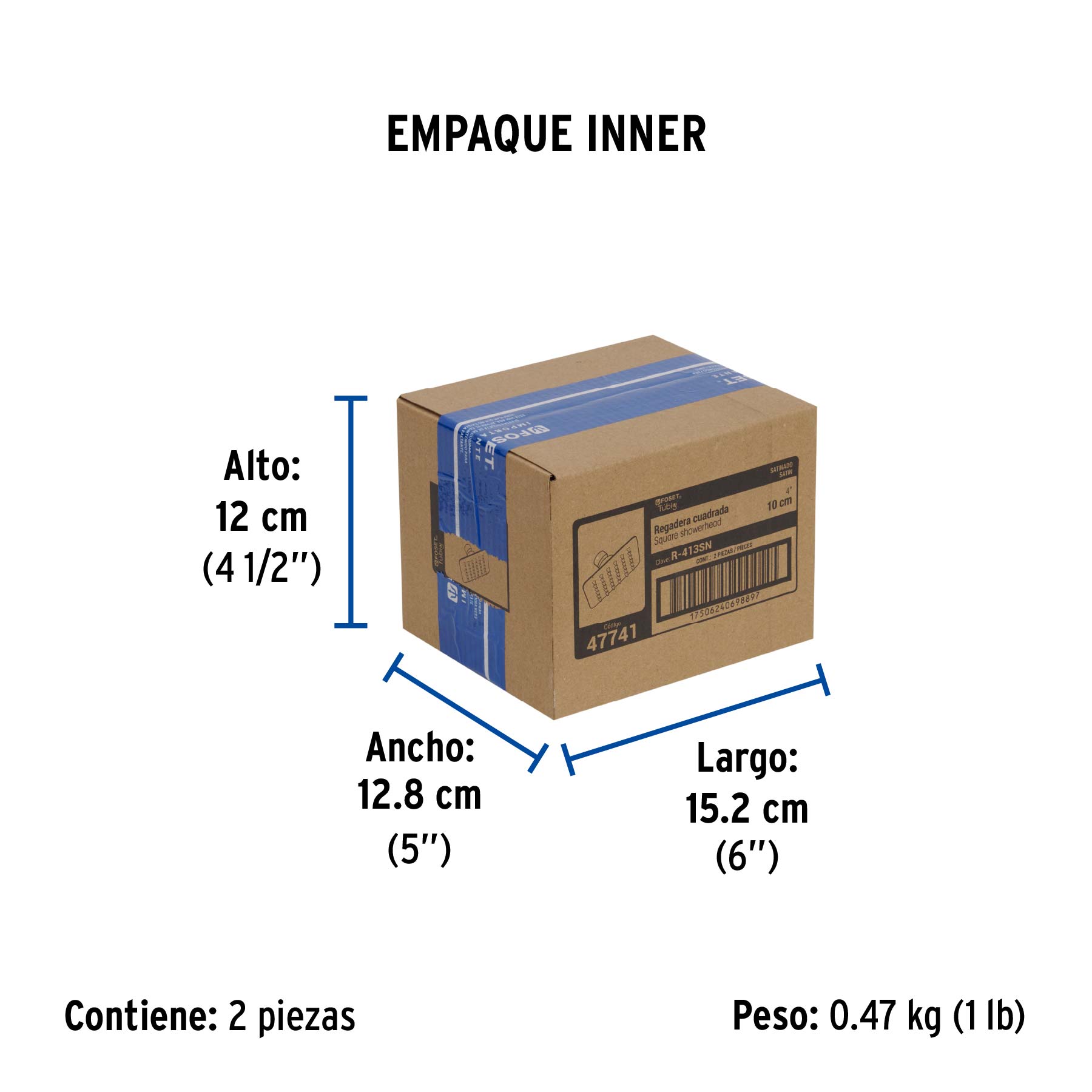 Regadera cuadrada 4", acero inox, sin brazo, satín, TÚBIG - Empaque