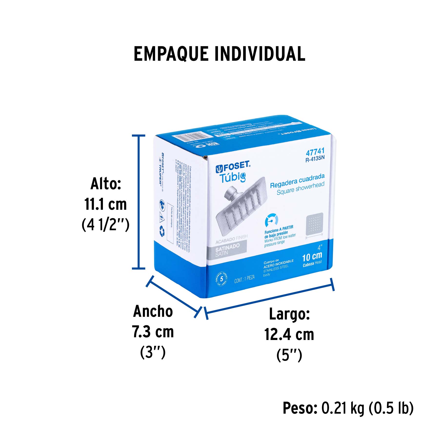 Regadera cuadrada 4", acero inox, sin brazo, satín, TÚBIG - Empaque