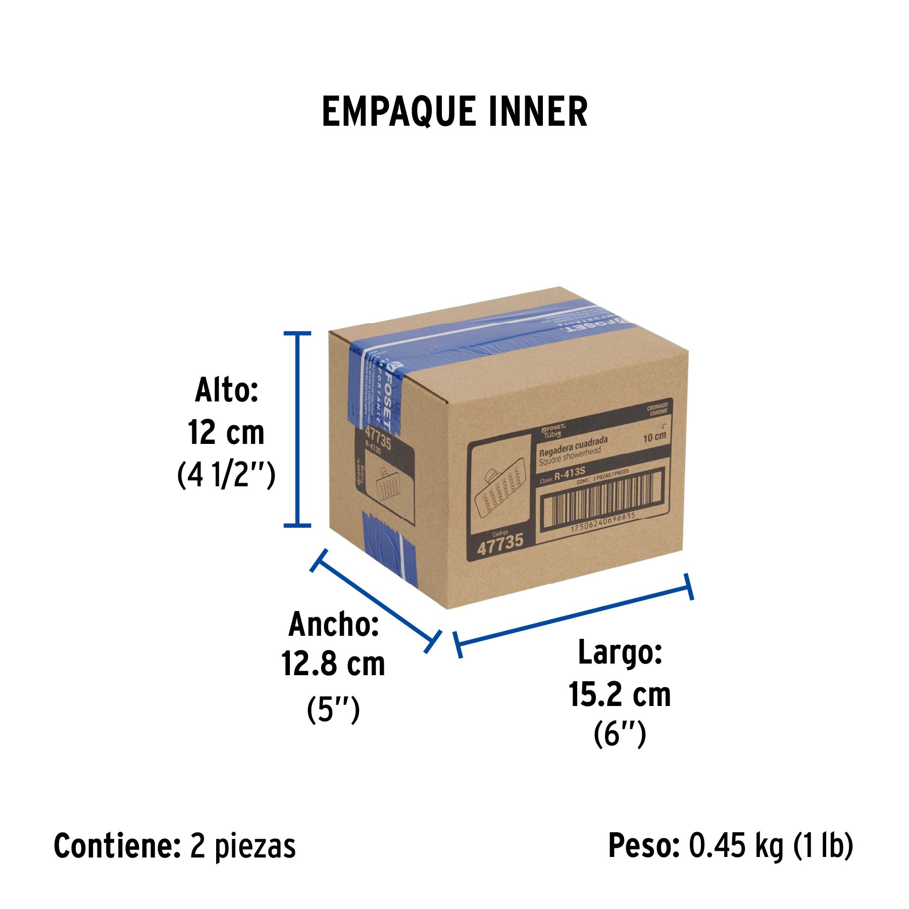 Regadera cuadrada 4", acero inox, sin brazo, cromo, TÚBIG - Empaque