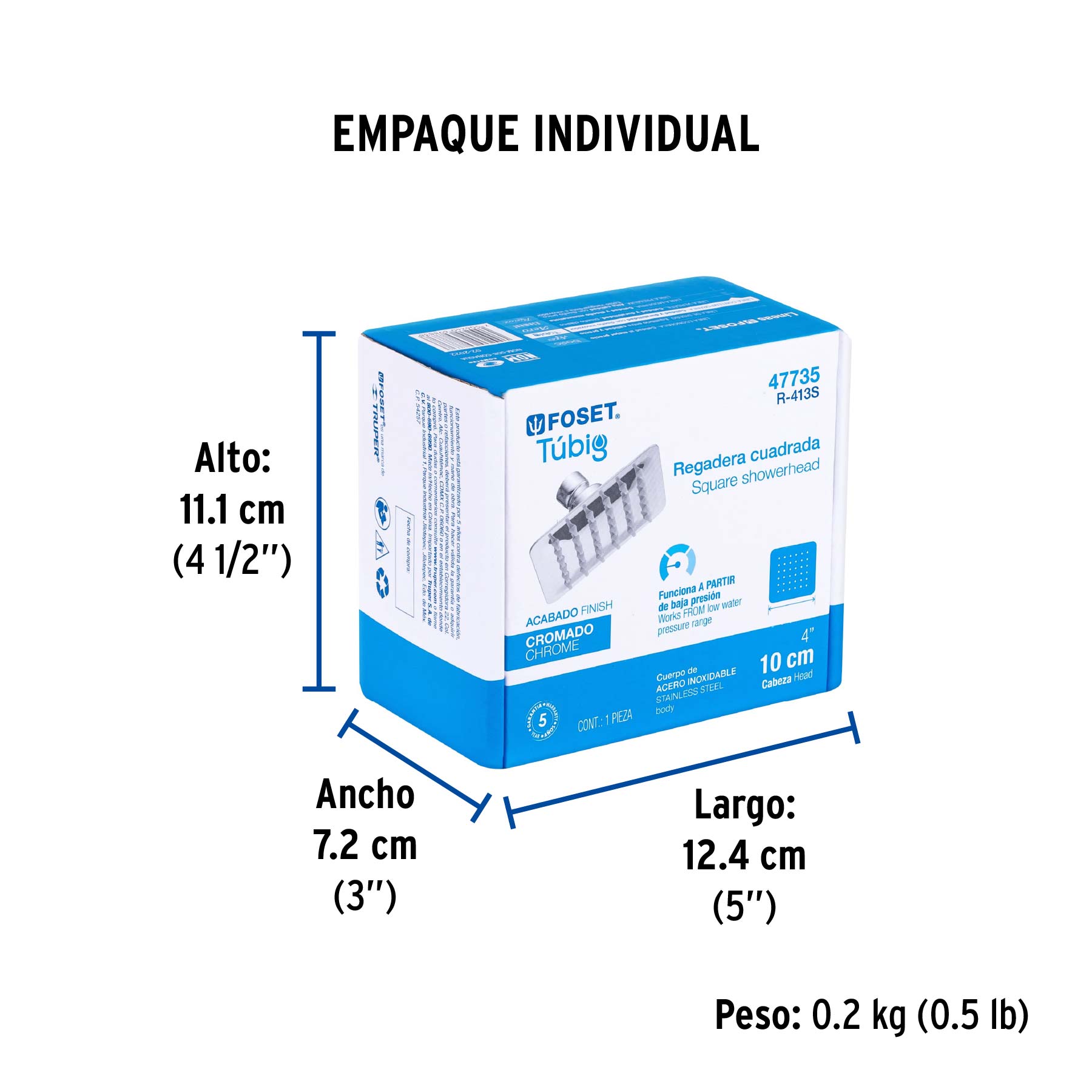 Regadera cuadrada 4", acero inox, sin brazo, cromo, TÚBIG - Empaque