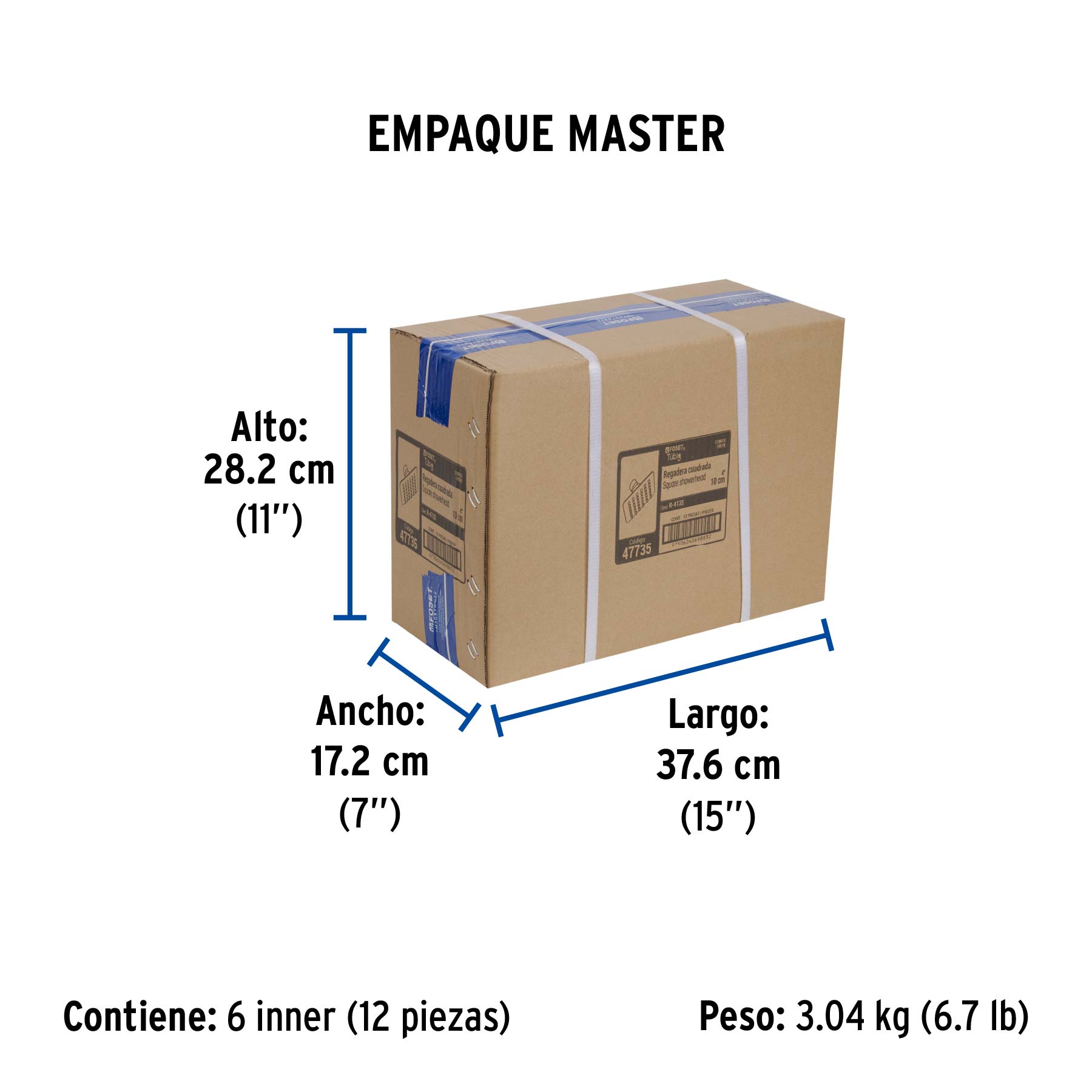 Regadera cuadrada 4", acero inox, sin brazo, cromo, TÚBIG - Empaque