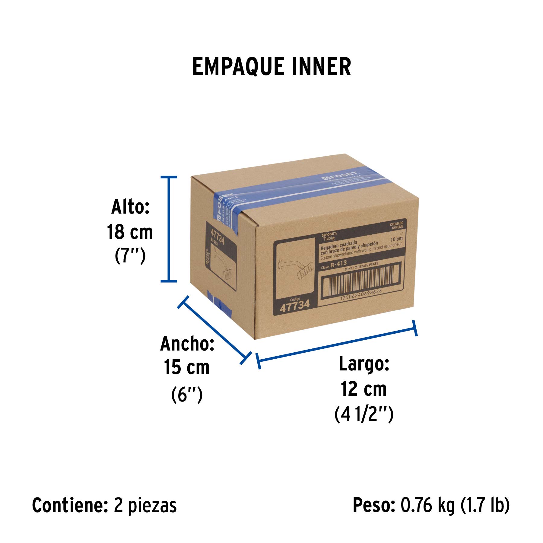 Regadera cuadrada 4", acero inox, con brazo, cromo, TÚBIG - Empaque