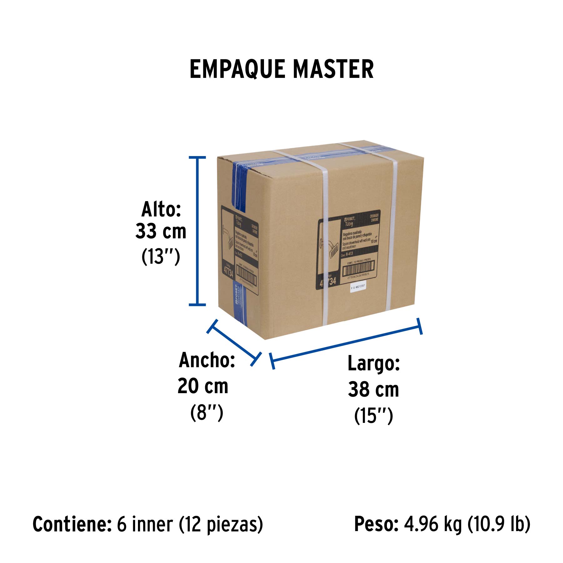 Regadera cuadrada 4", acero inox, con brazo, cromo, TÚBIG - Empaque