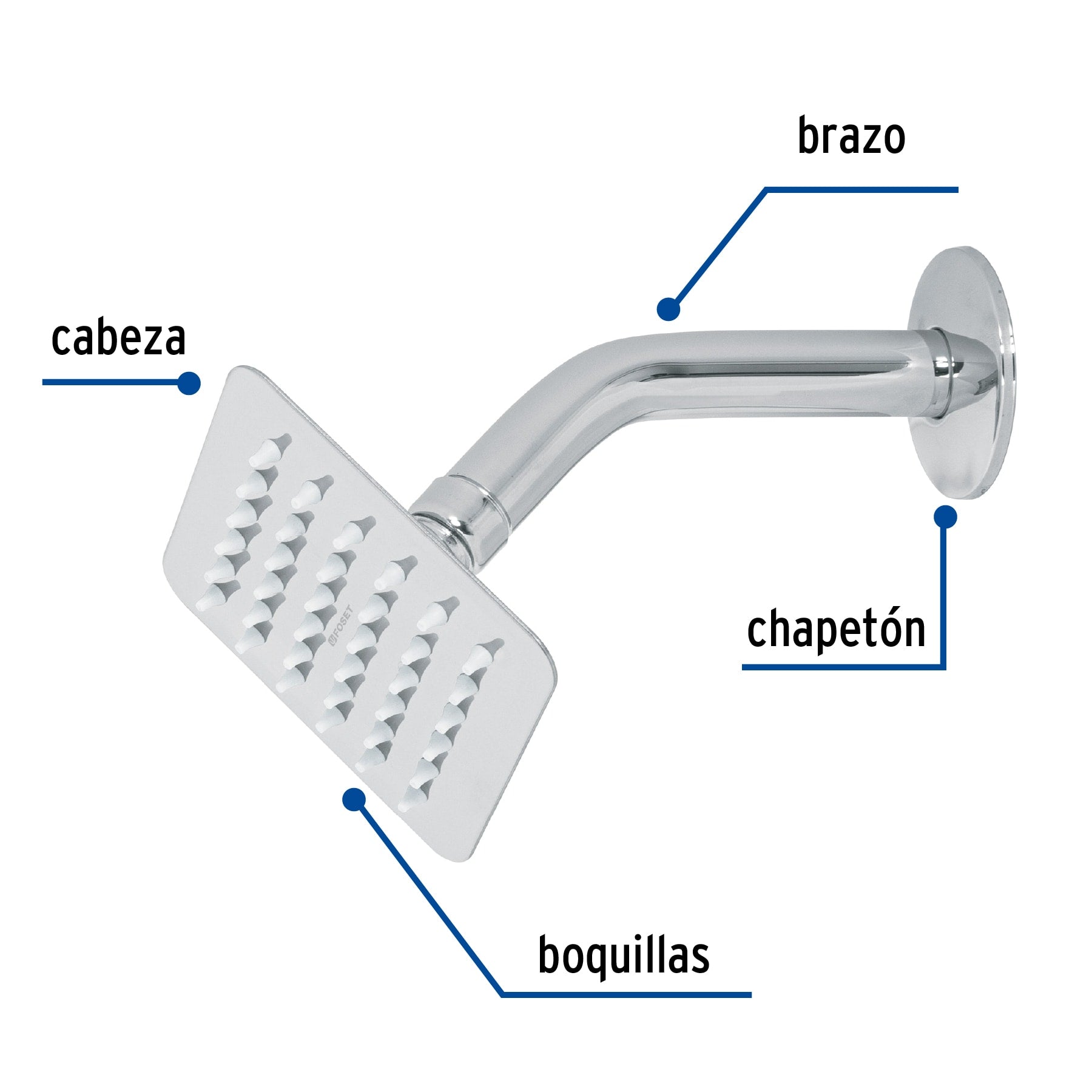 Regadera cuadrada 4", acero inox, con brazo, cromo, TÚBIG